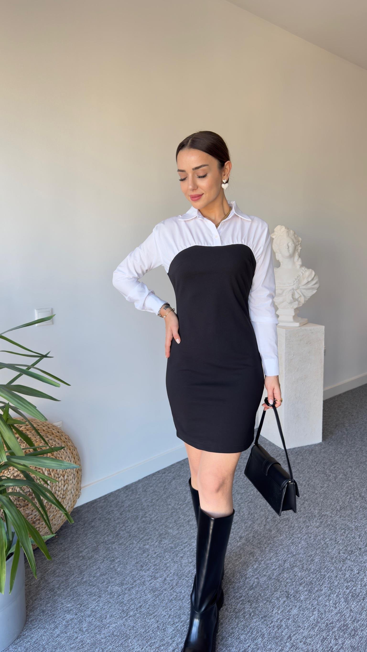Rive Gömlek Yaka Siyah Elbise 