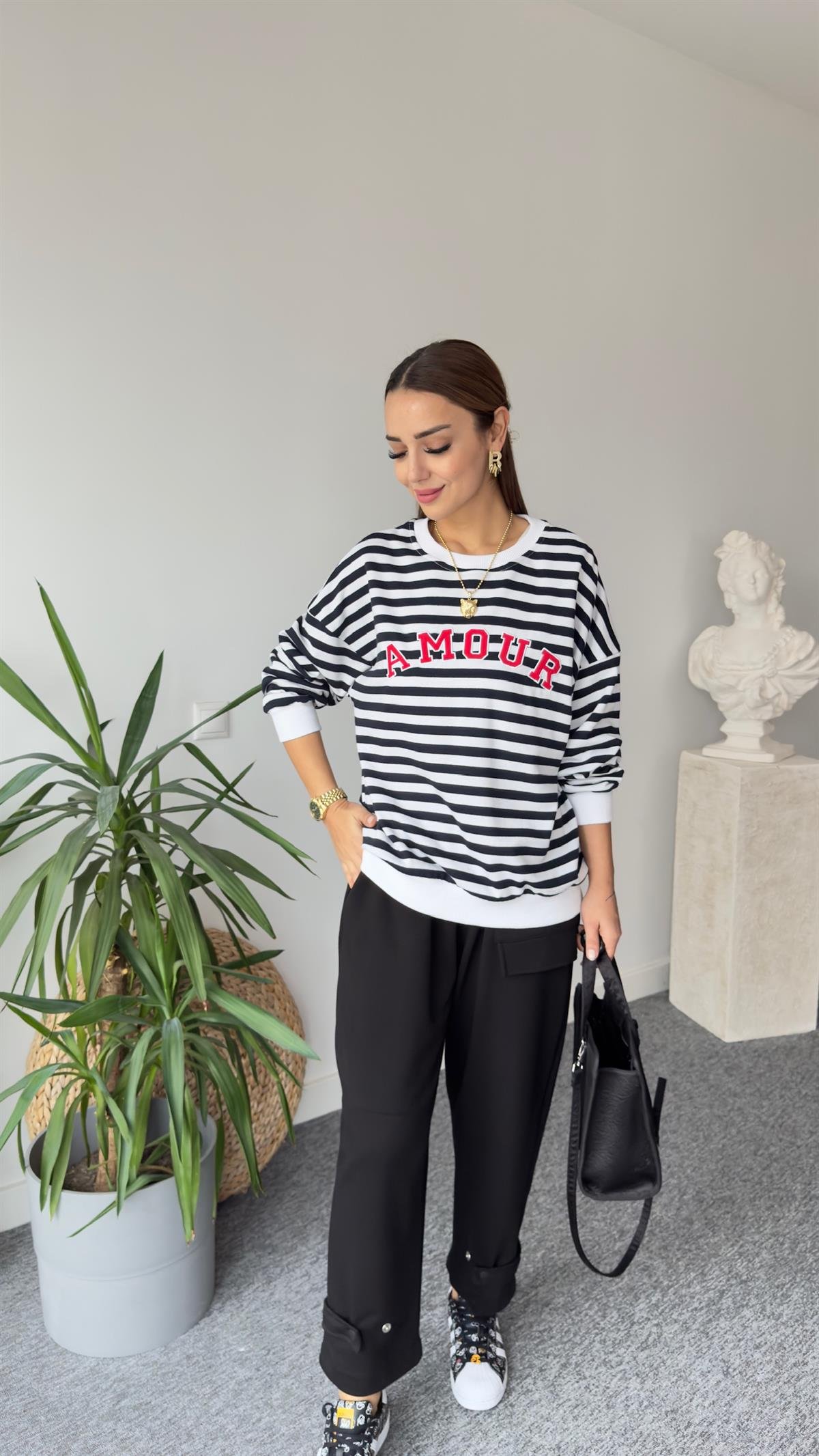 Amour Baskı Çizgili Sweatshirt