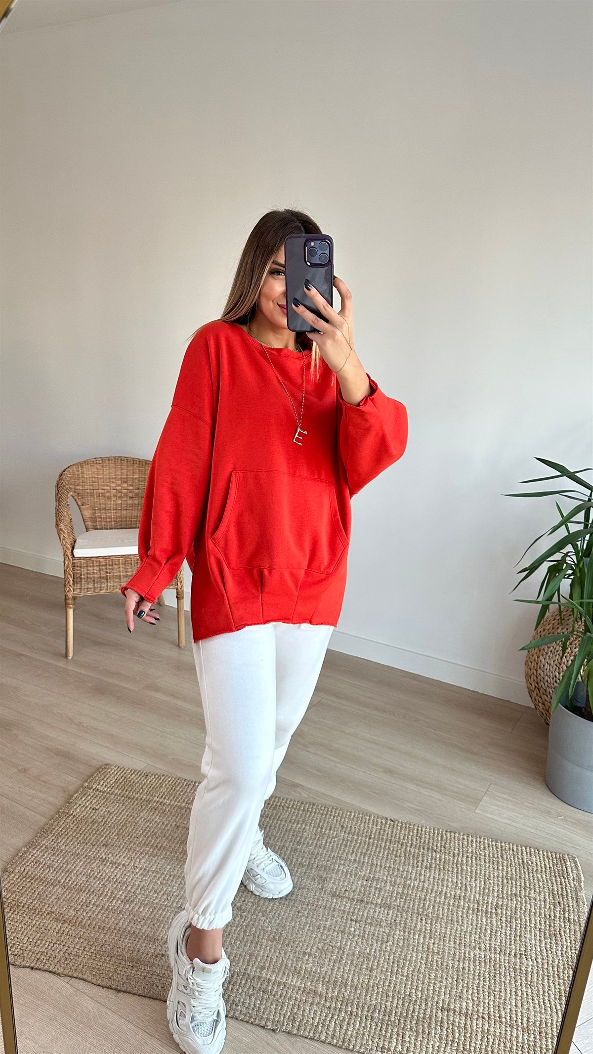 Pileli Yanları Yırtmaçlı Turuncu Sweat