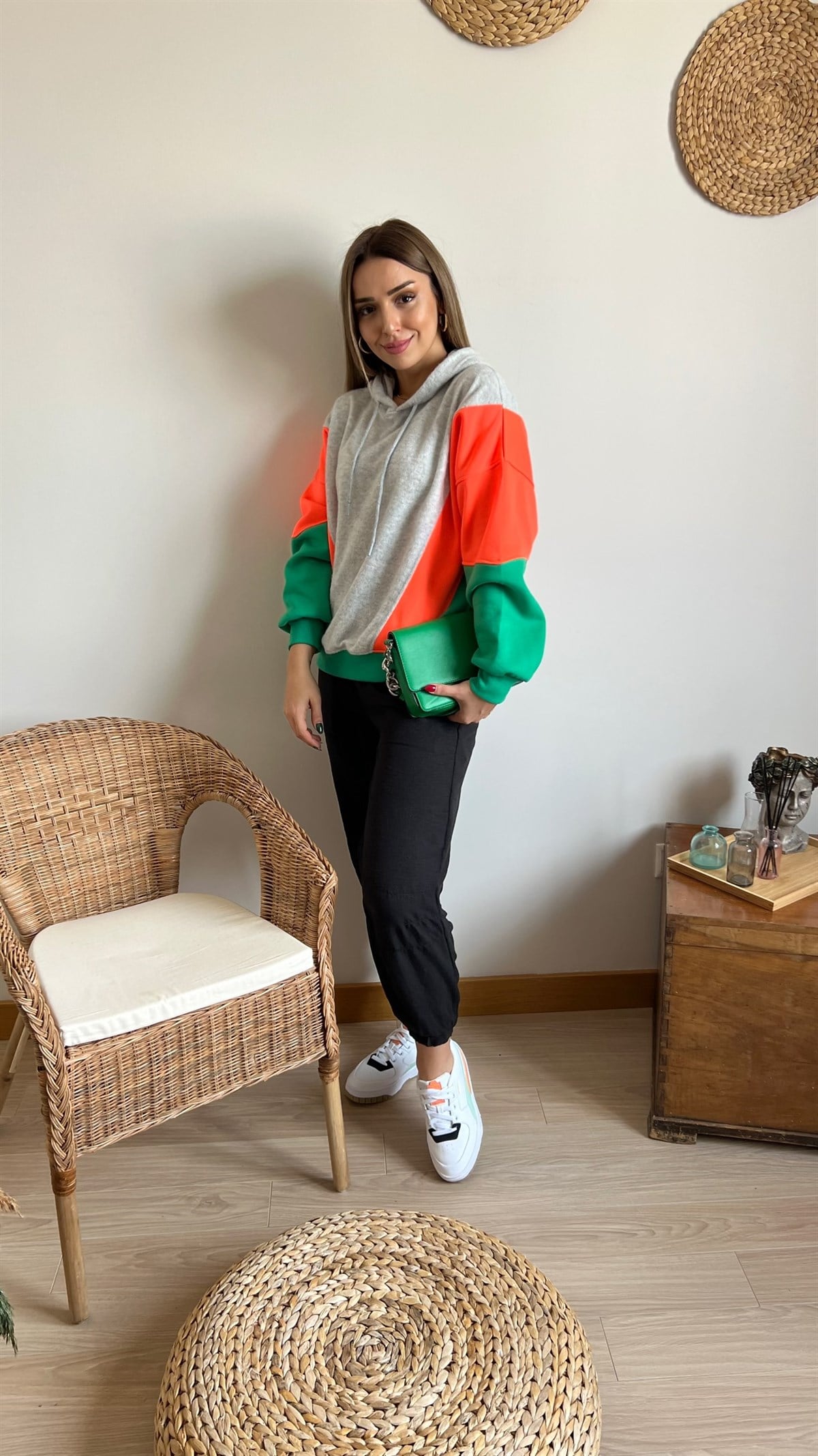 Renk Bloklu Gri Sweatshirt