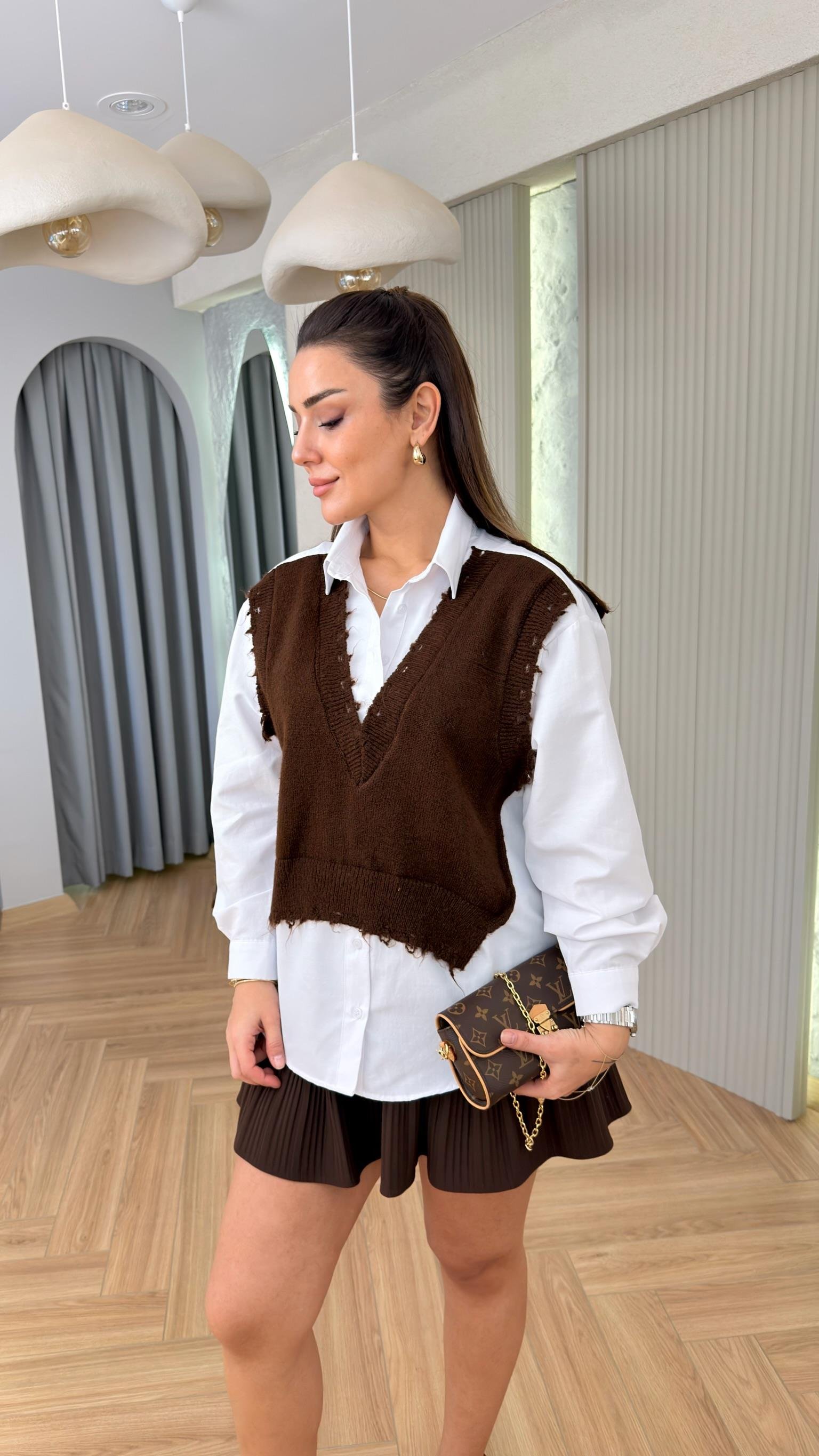 Kahve Triko Detaylı Tws Model Poplin Gömlek