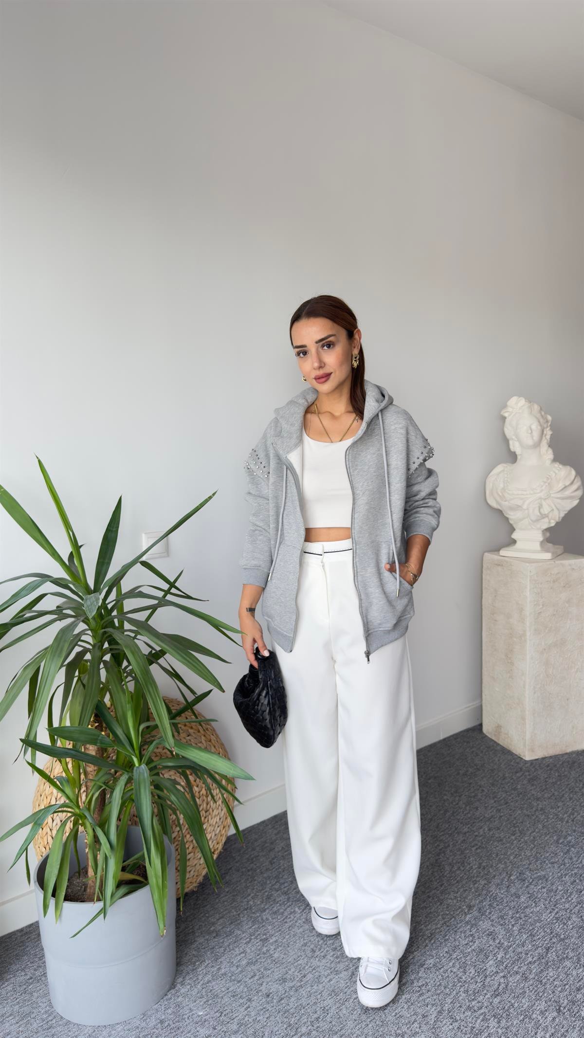 Orj Model Kolları Taşlı Gri Sweat
