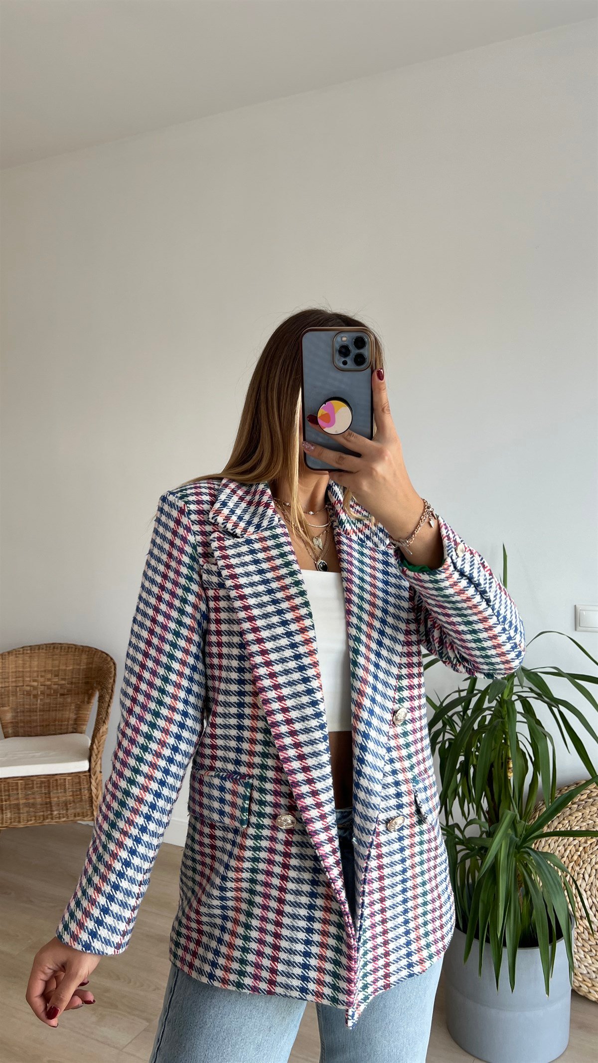 Çok Renkli Ekose Blazer Ceket