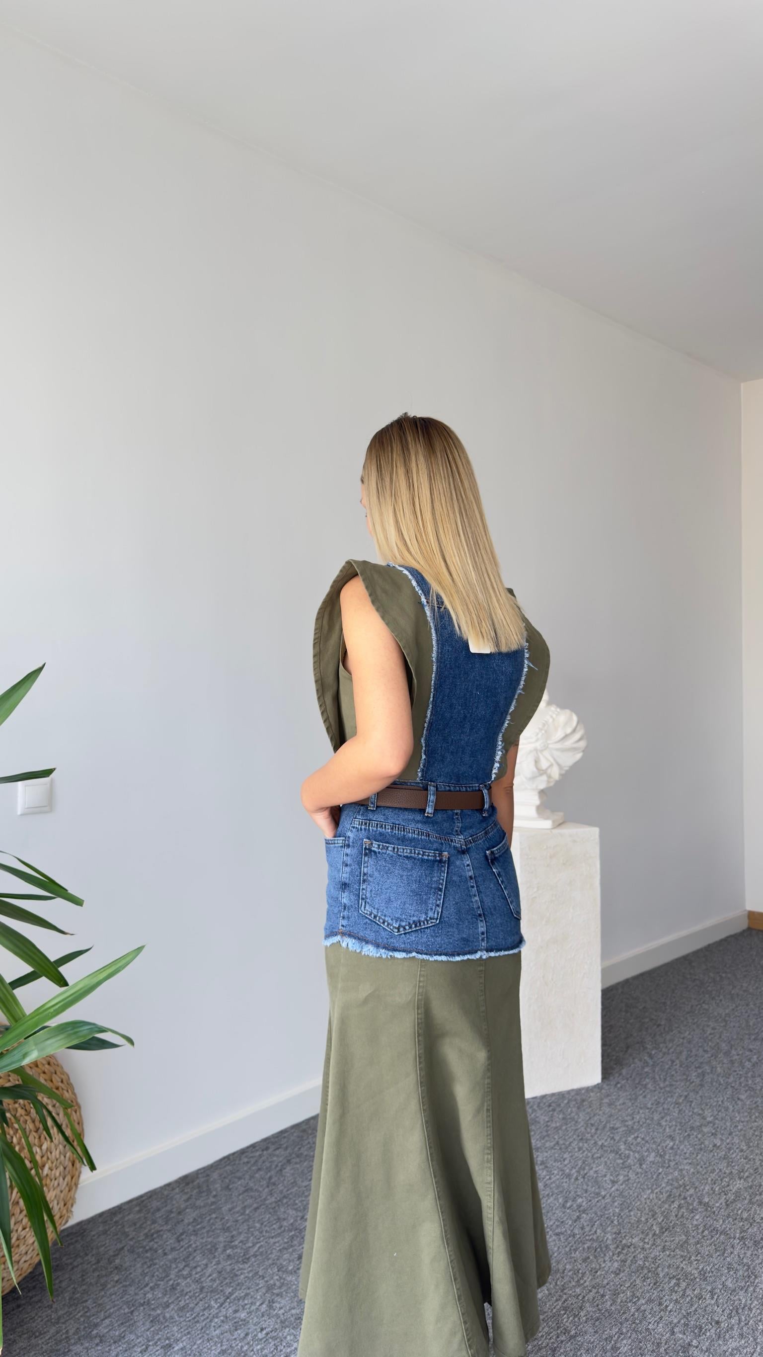 Haki Geçişli Tasarım Denim Elbise 