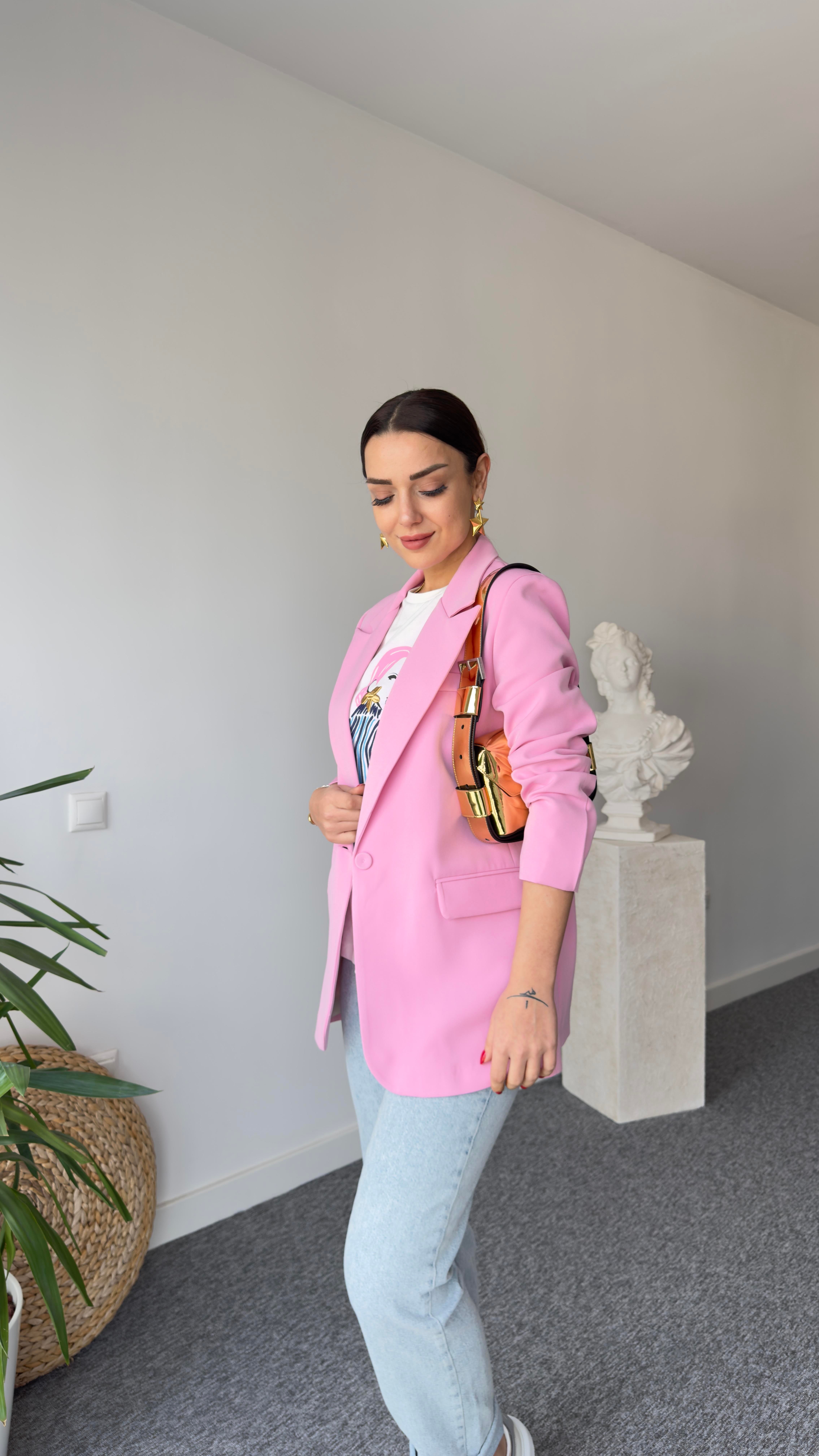 Tek Düğme Pembe Blazer Ceket