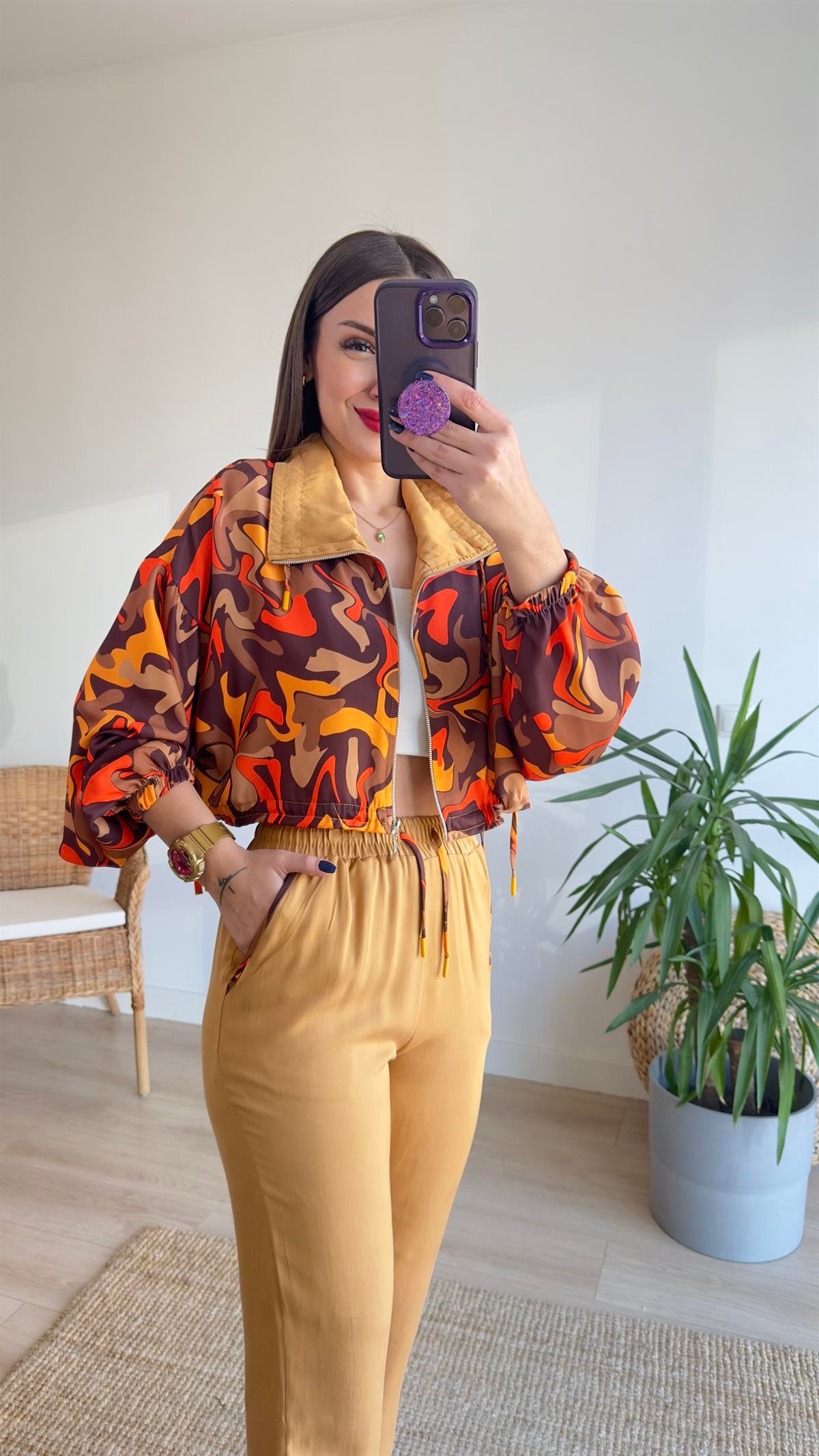 Camel Renkli Desenli Fermuarlı Takım