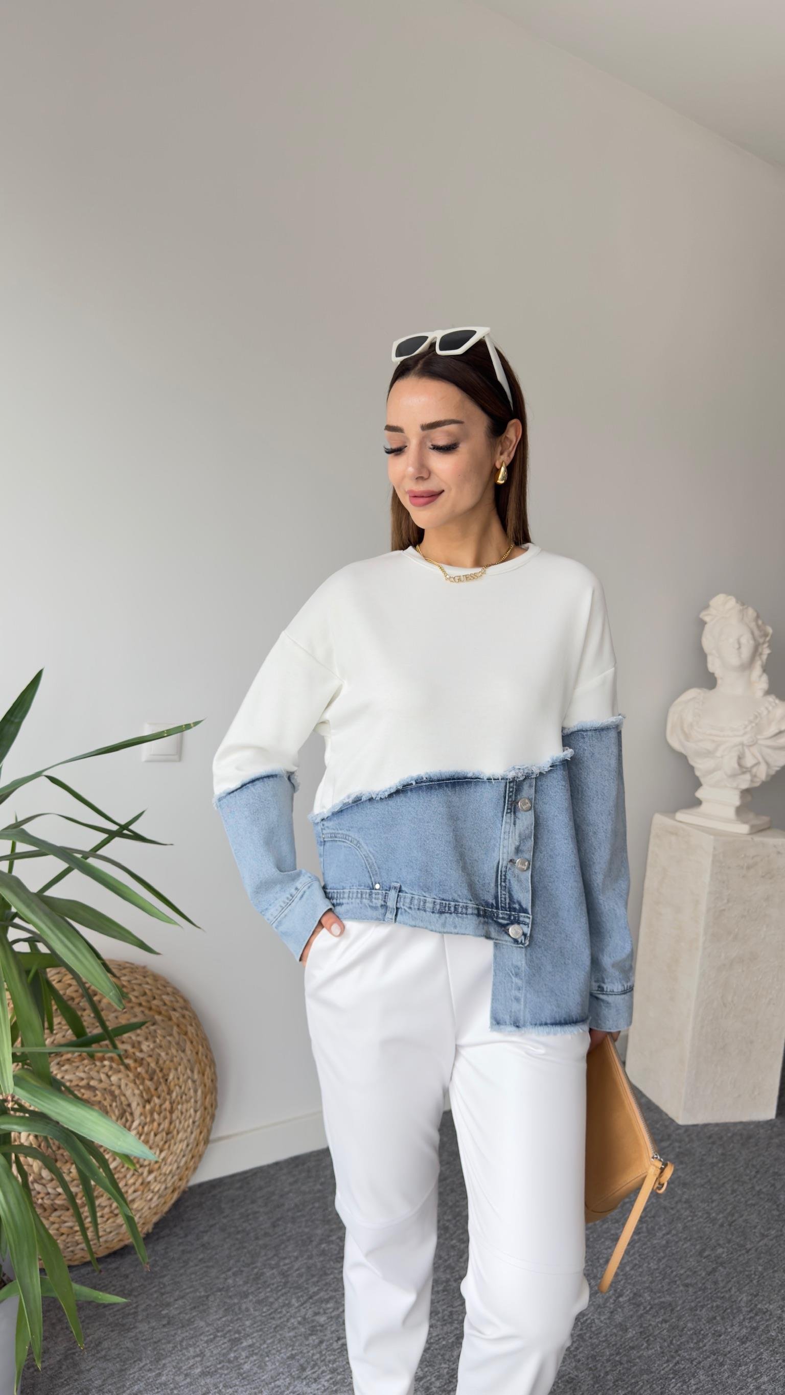 New Asimetrik Kot Detay Beyaz Tasarım Sweat