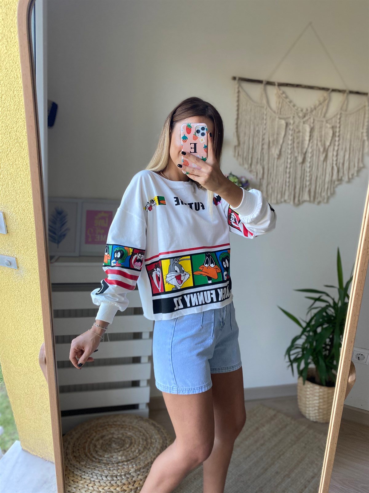 Karakter Baskı Beyaz Sweatshirt