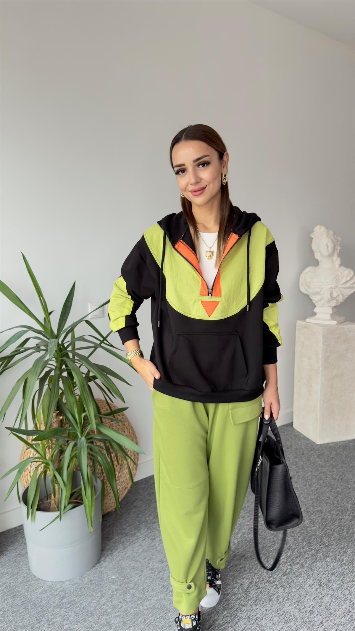 Flat Yarım Fermuar Yeşil Detay Sweat