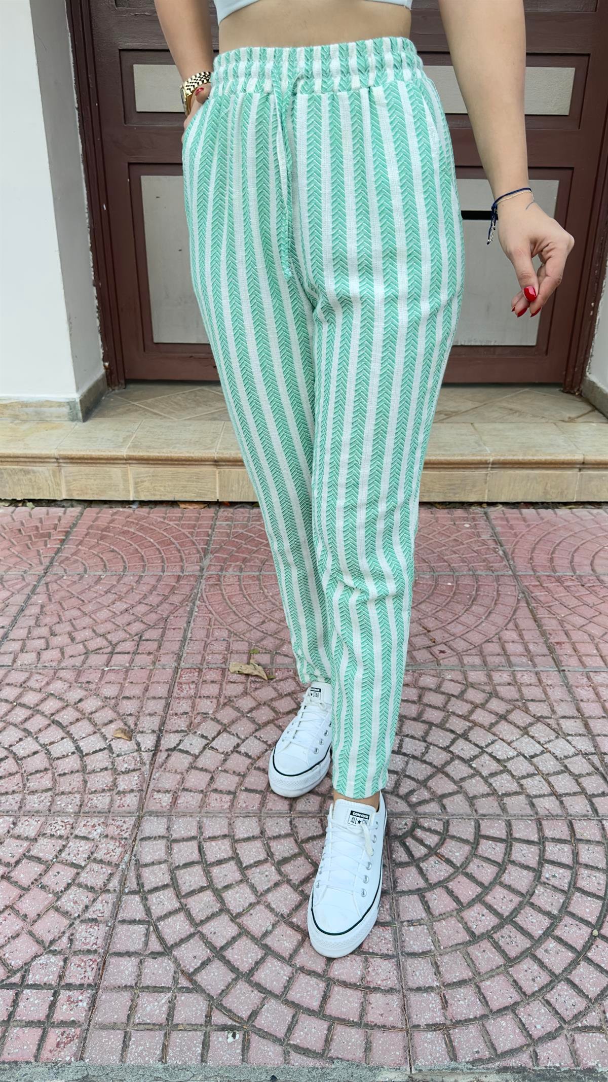 Yeşil Şeritli Örme Pantolon