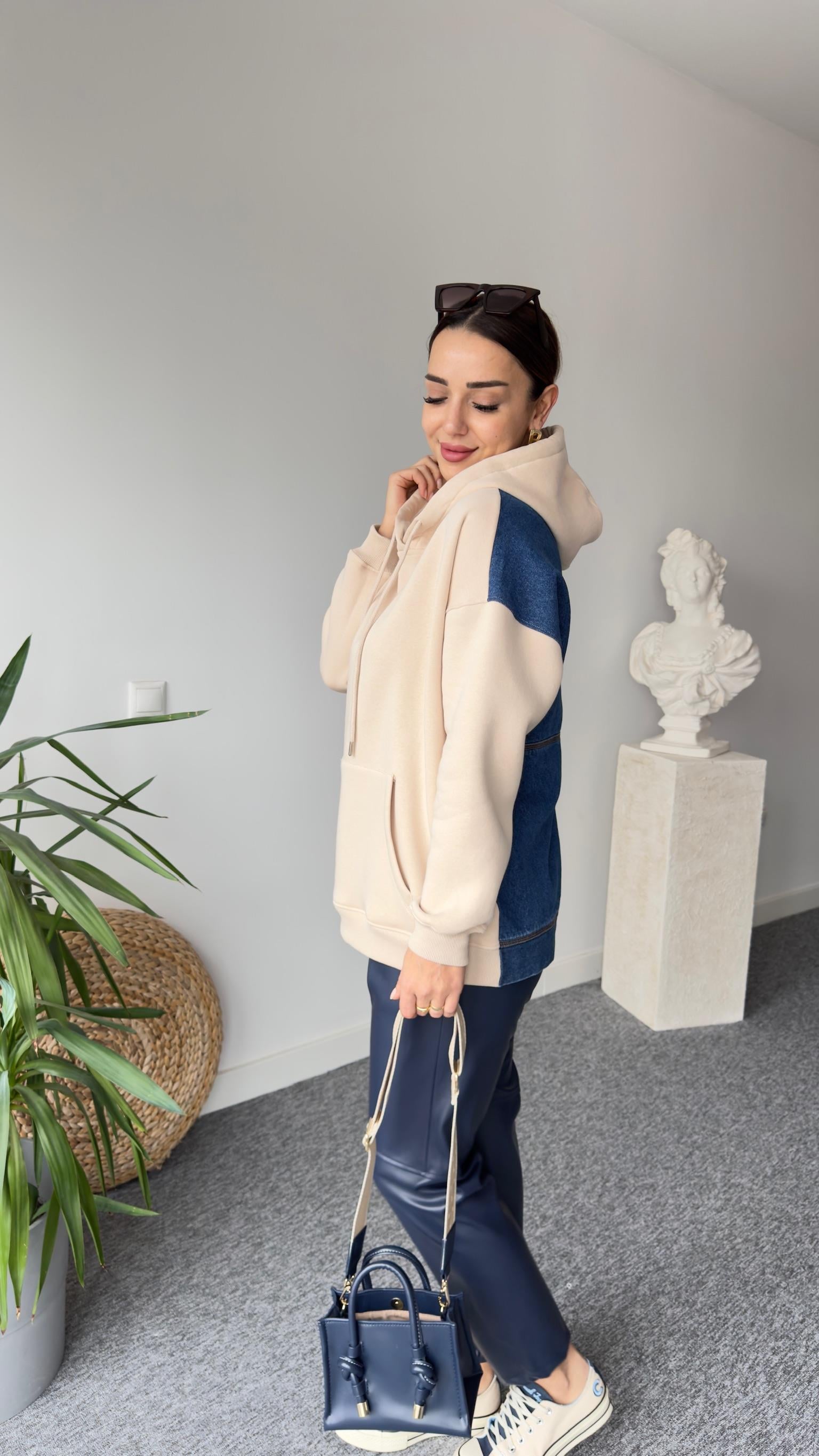 Sırt Kot Detaylı Kapüşonlu Bej Sweat