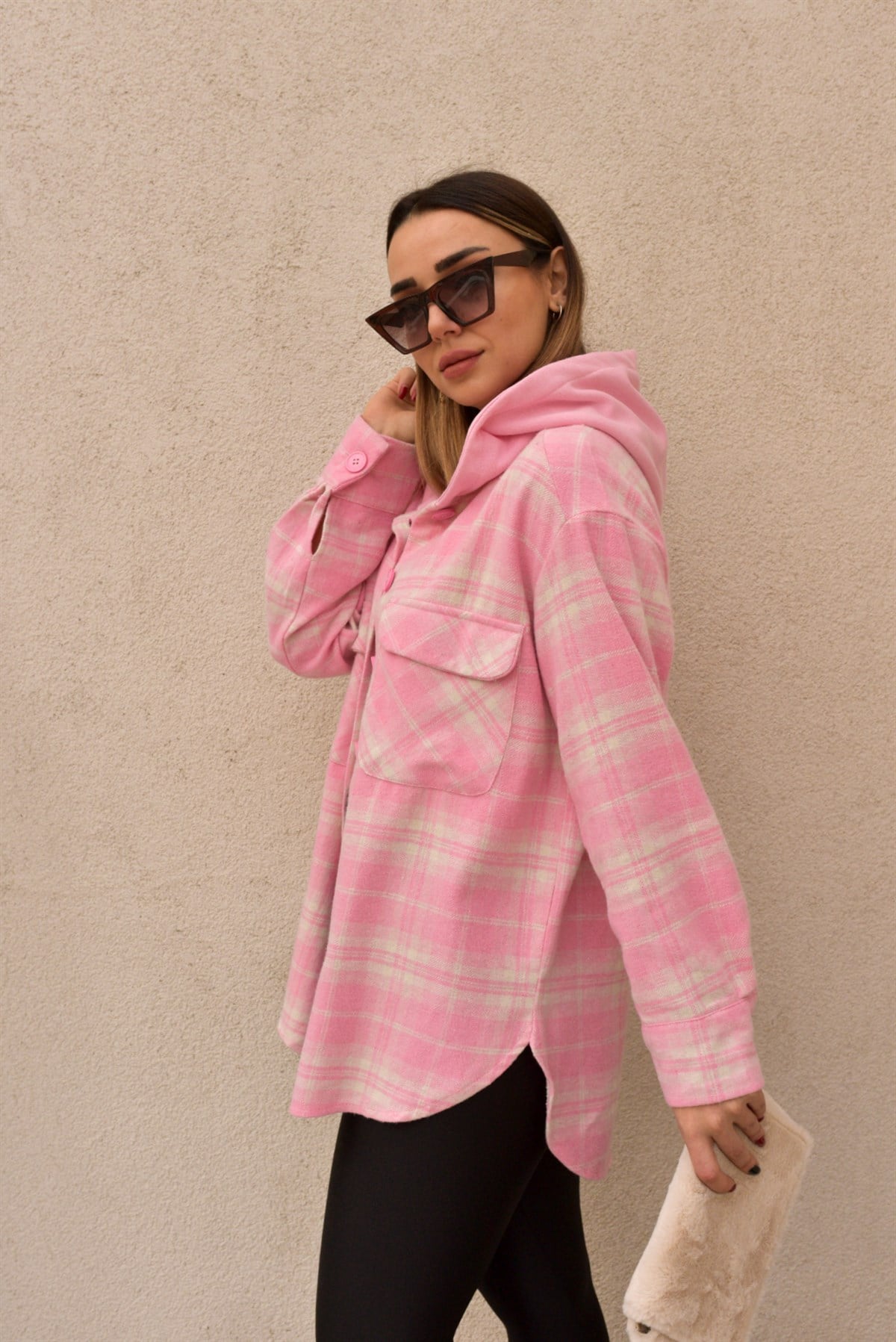 Kapüşonlu Ekose Desen Pembe Ceket 