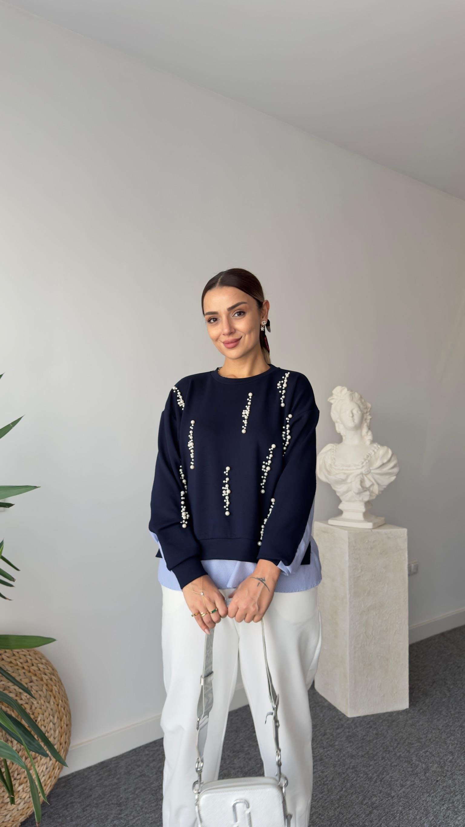 İnci Detaylı Sırt Poplin Lacivert Modal Sweat