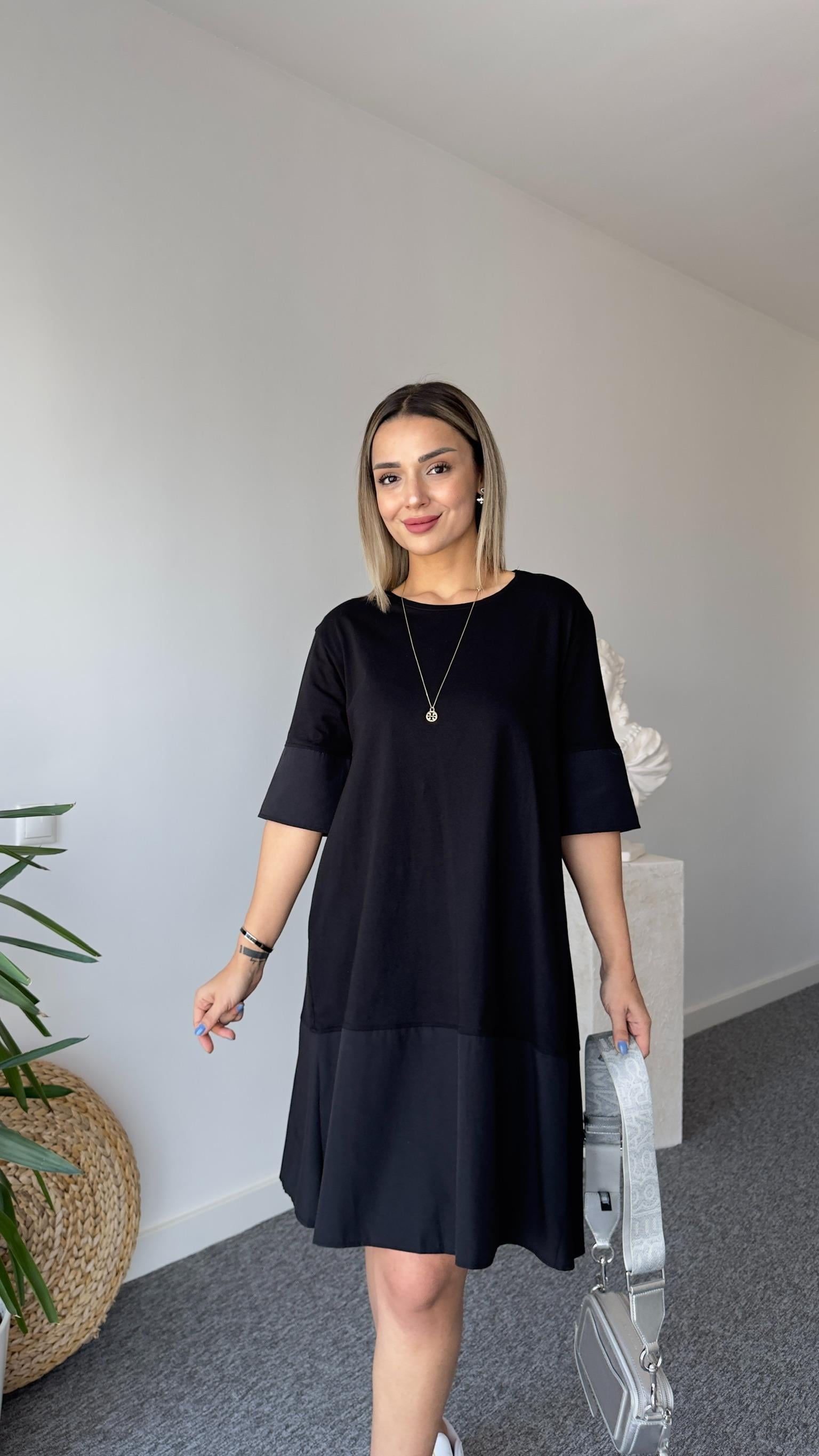 Rope Poplin Detaylı Siyah Basic Elbise 