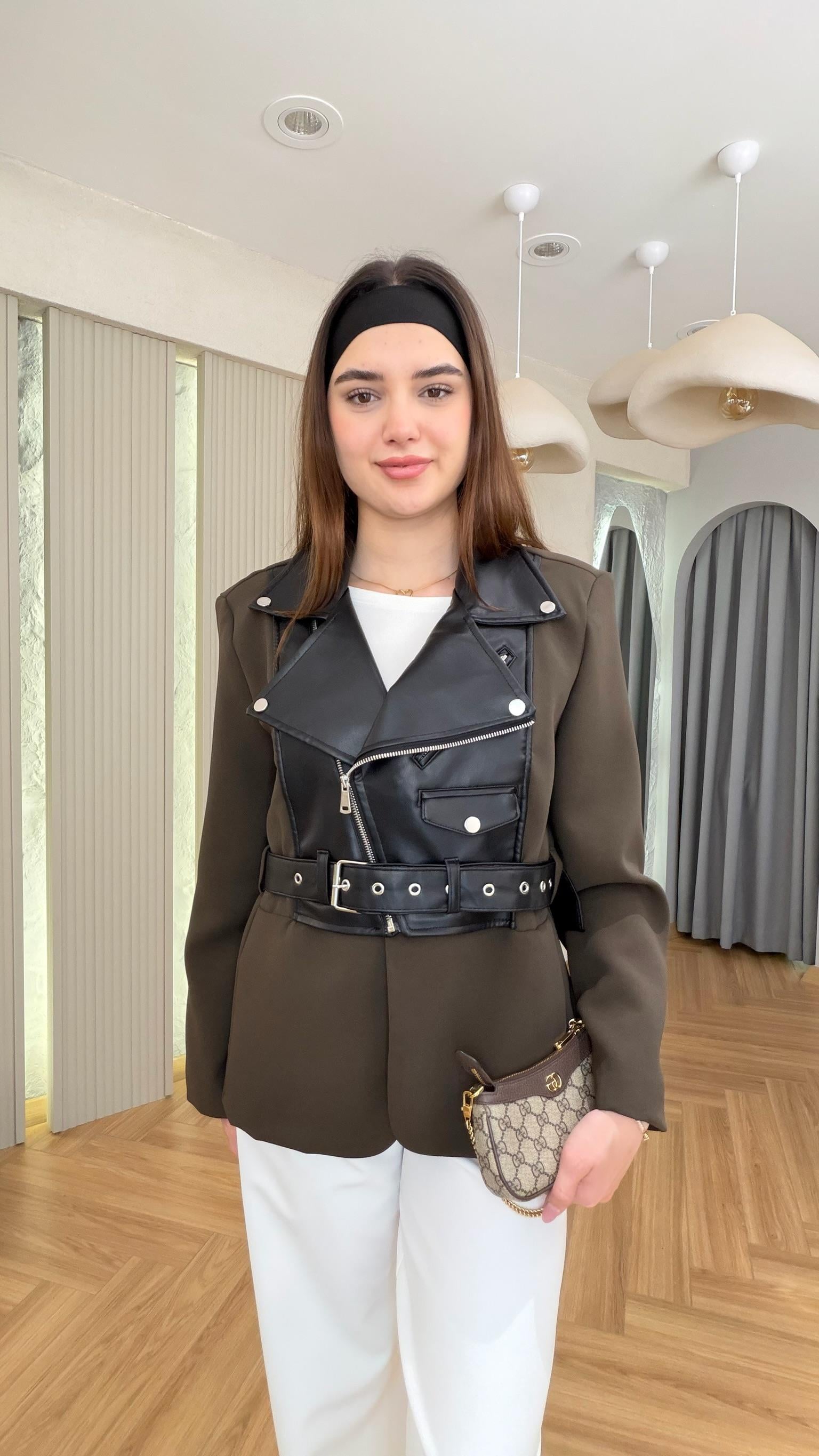 Haki Nifra Deri Garnili Tasarım Ceket