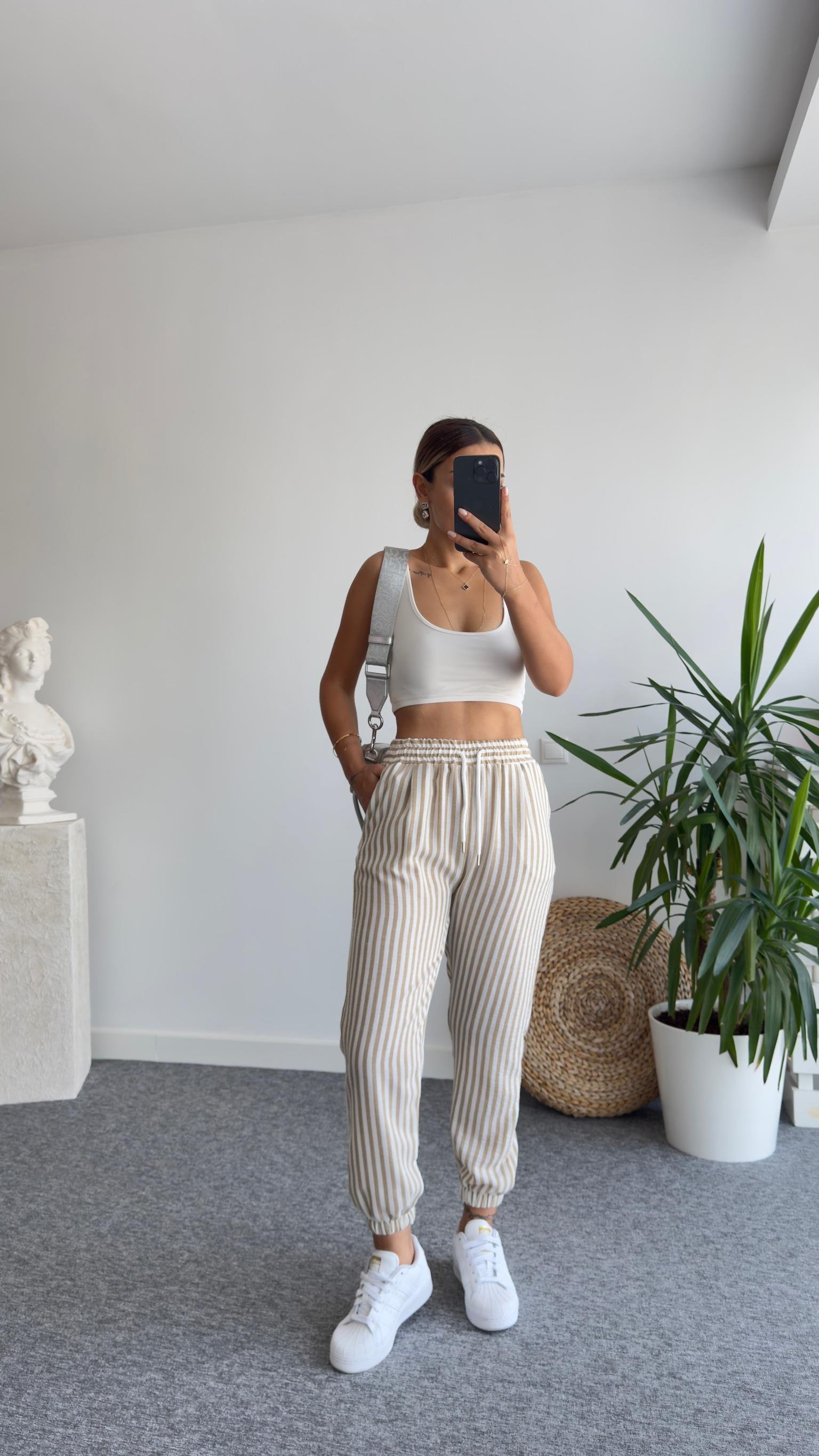 Bej Çizgili Keten Jogger Pantolon