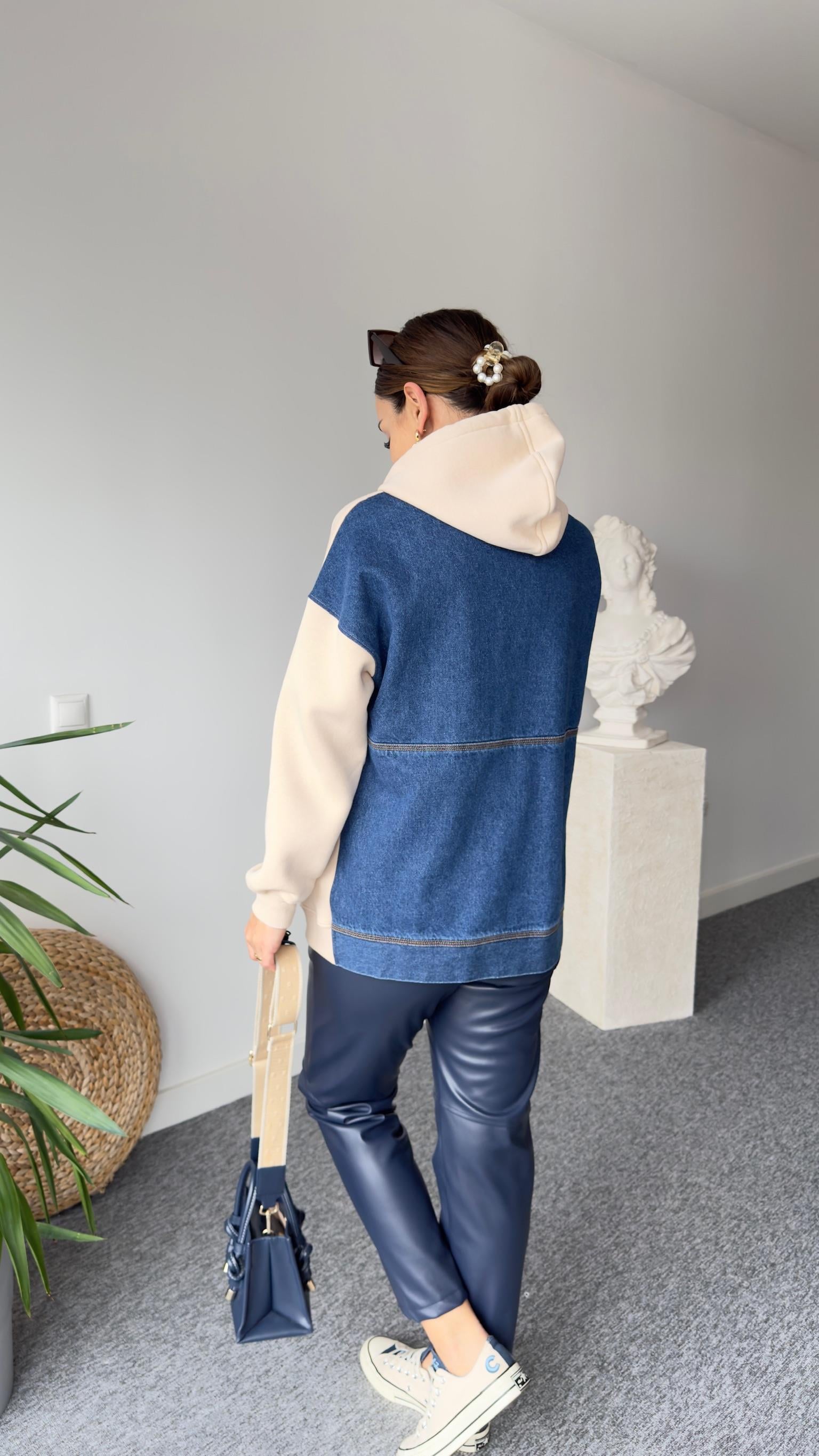 Sırt Kot Detaylı Kapüşonlu Bej Sweat