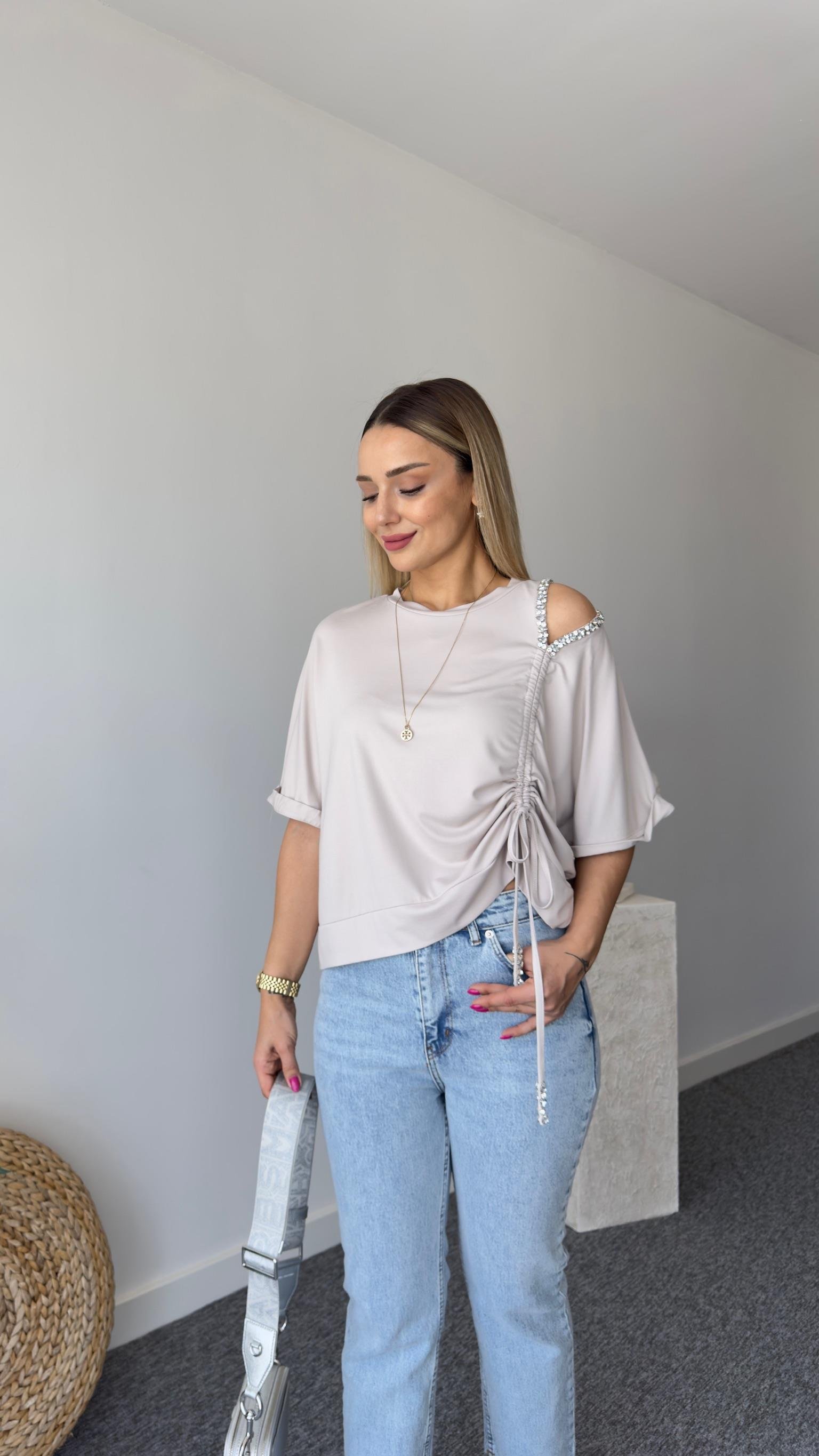 Omzu Taşlı Vizon Modal Tshirt