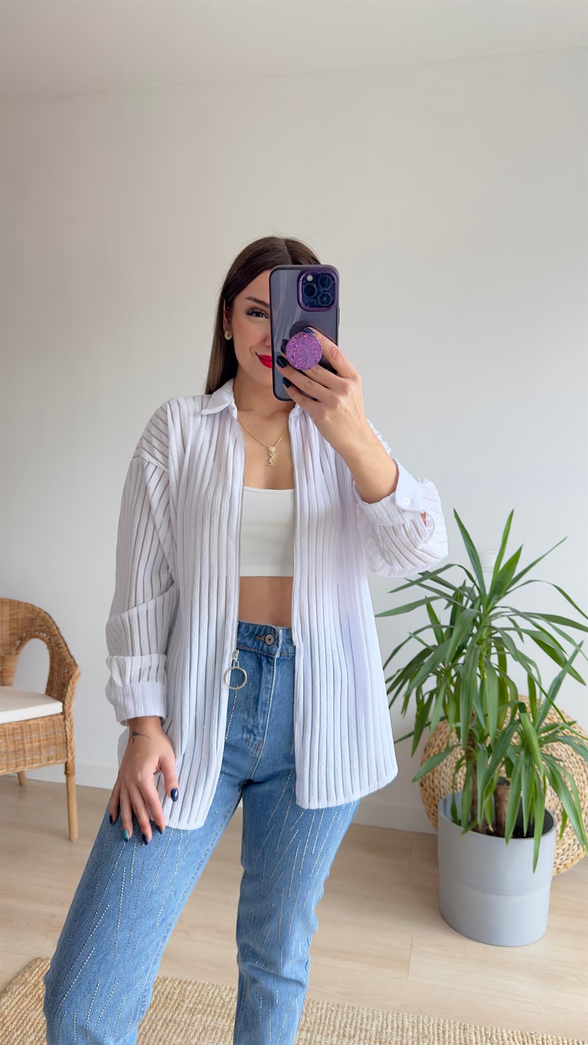 Fermuarlı Şerit Detay Beyaz Ceket