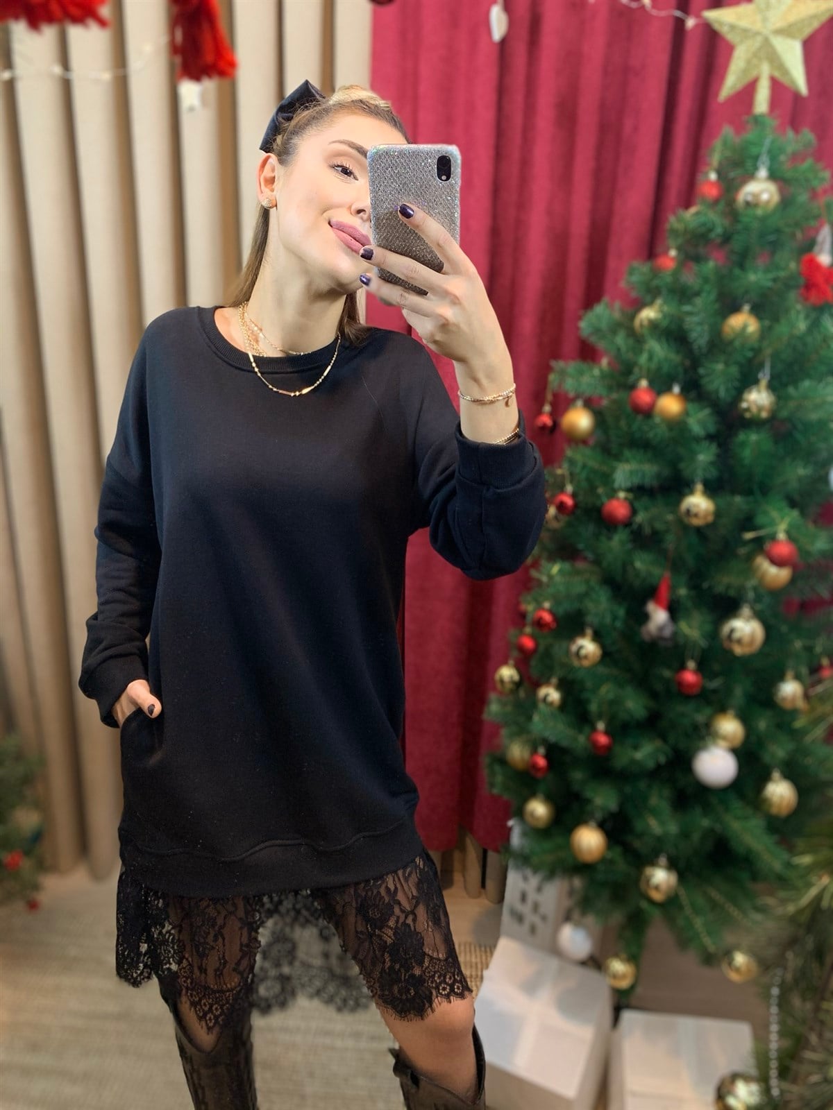 Etek Ucu Dantelli Sweat Elbise