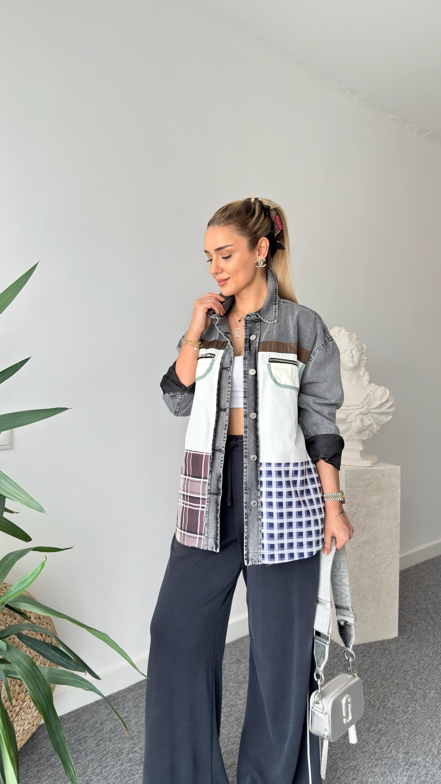 Siyah Ekose Mix Tasarım Denim Ceket