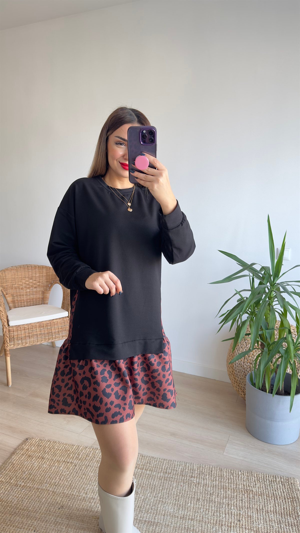Leopar Detaylı Sweat Elbise 