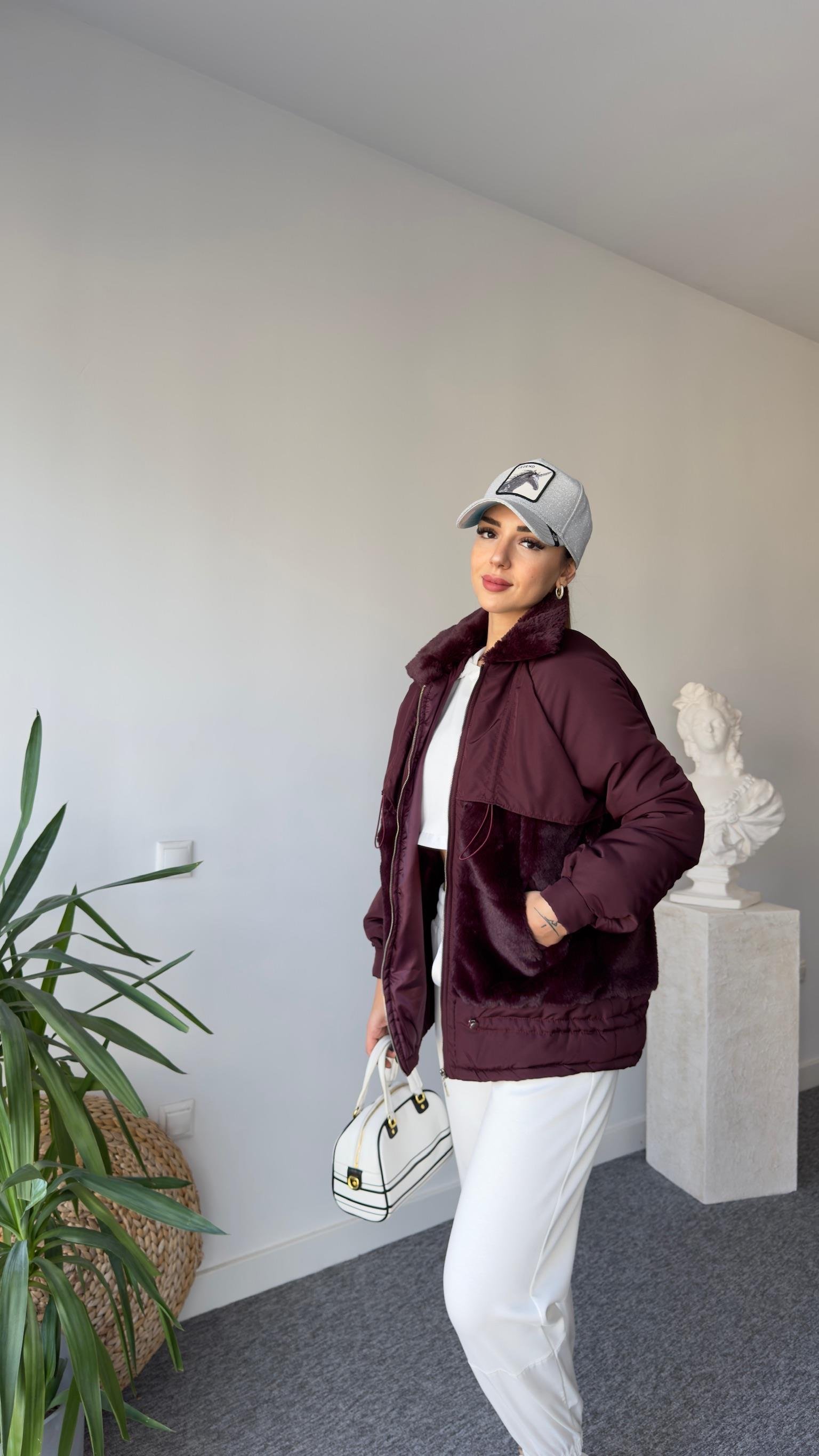 Peluş Detay Büzgülü Bordo Mont