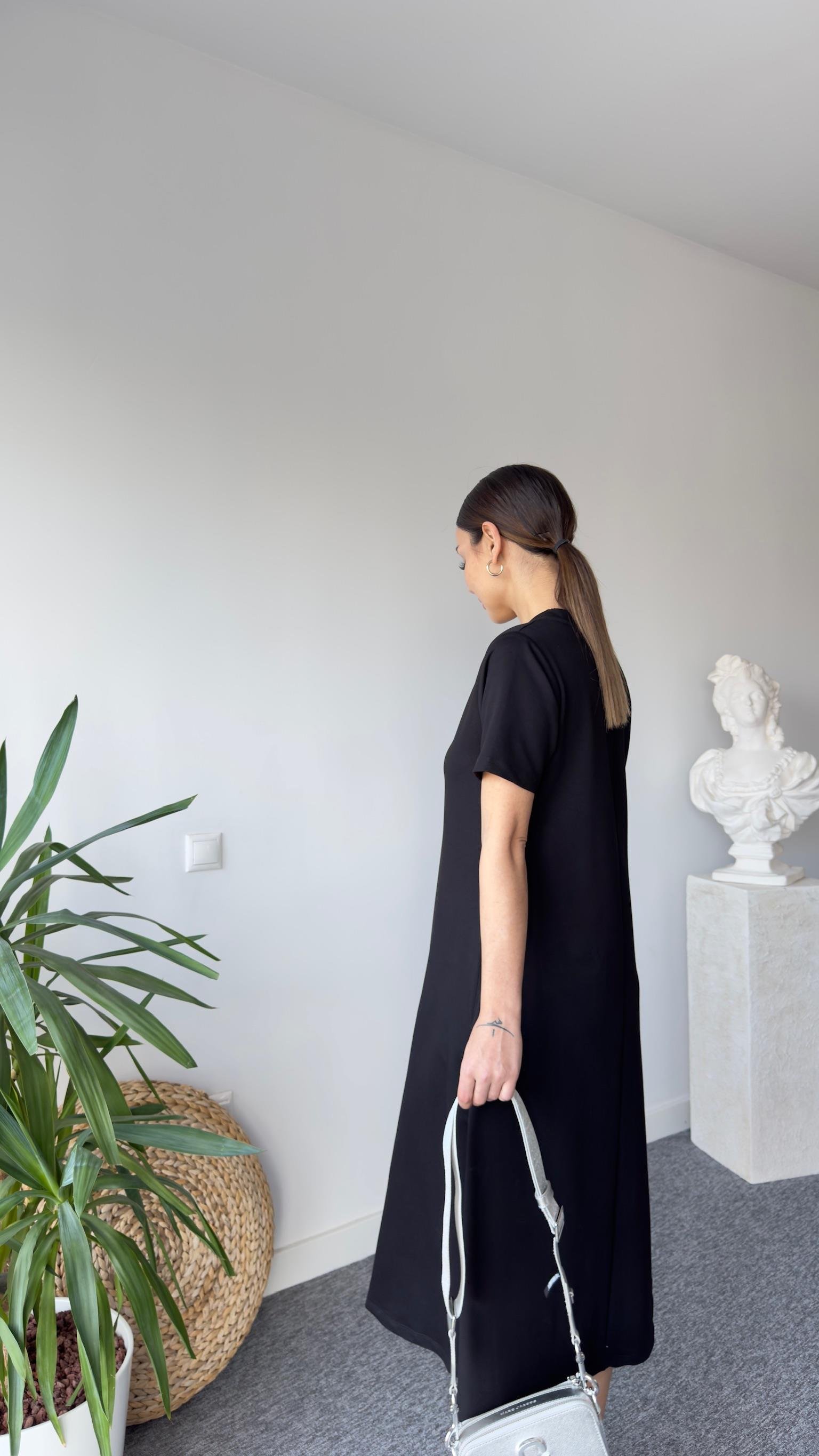 Siyah V Yaka Cepli Basic Elbise 