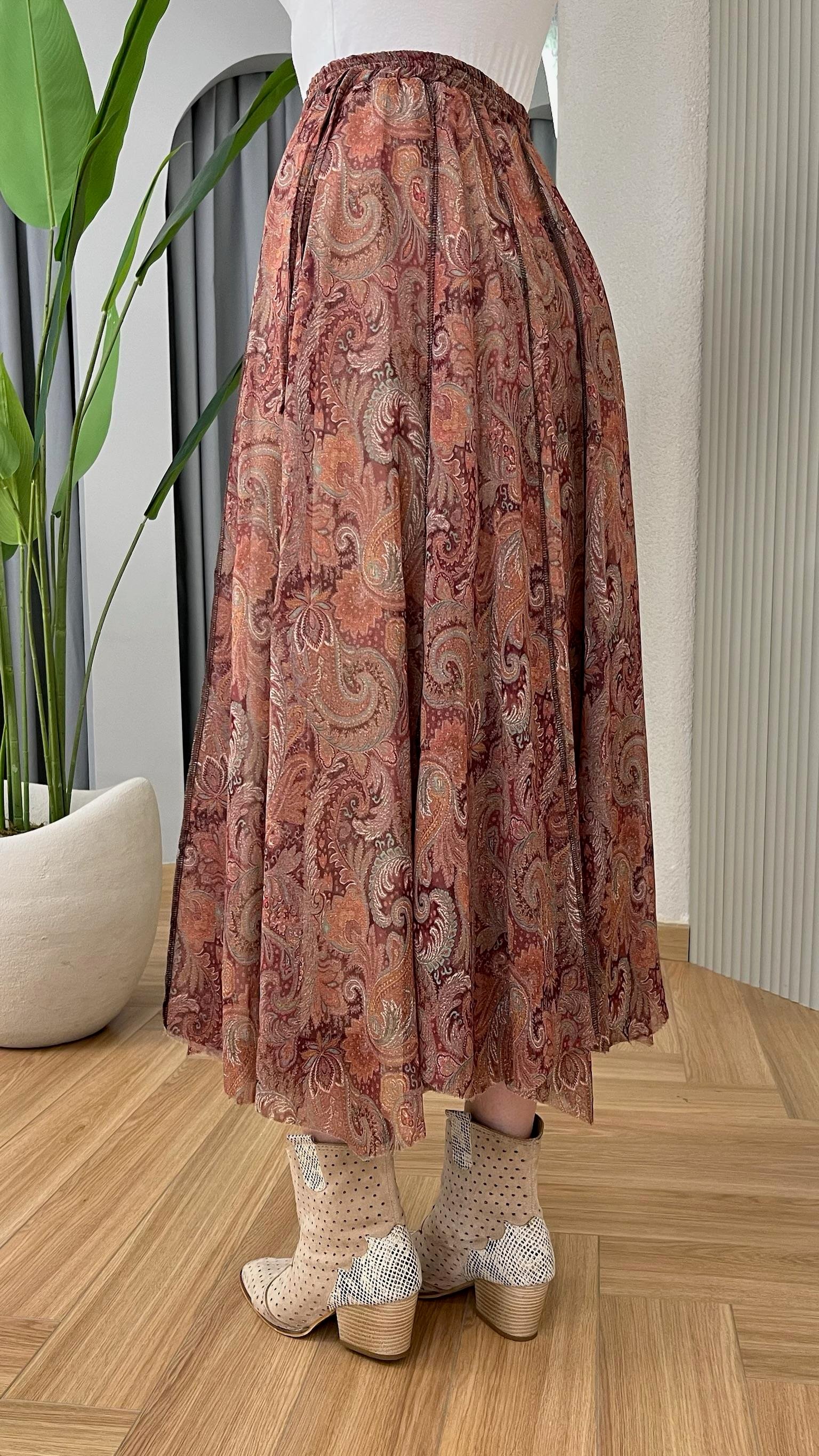 Turuncu Zien Etnik Desenli Şifon Etek