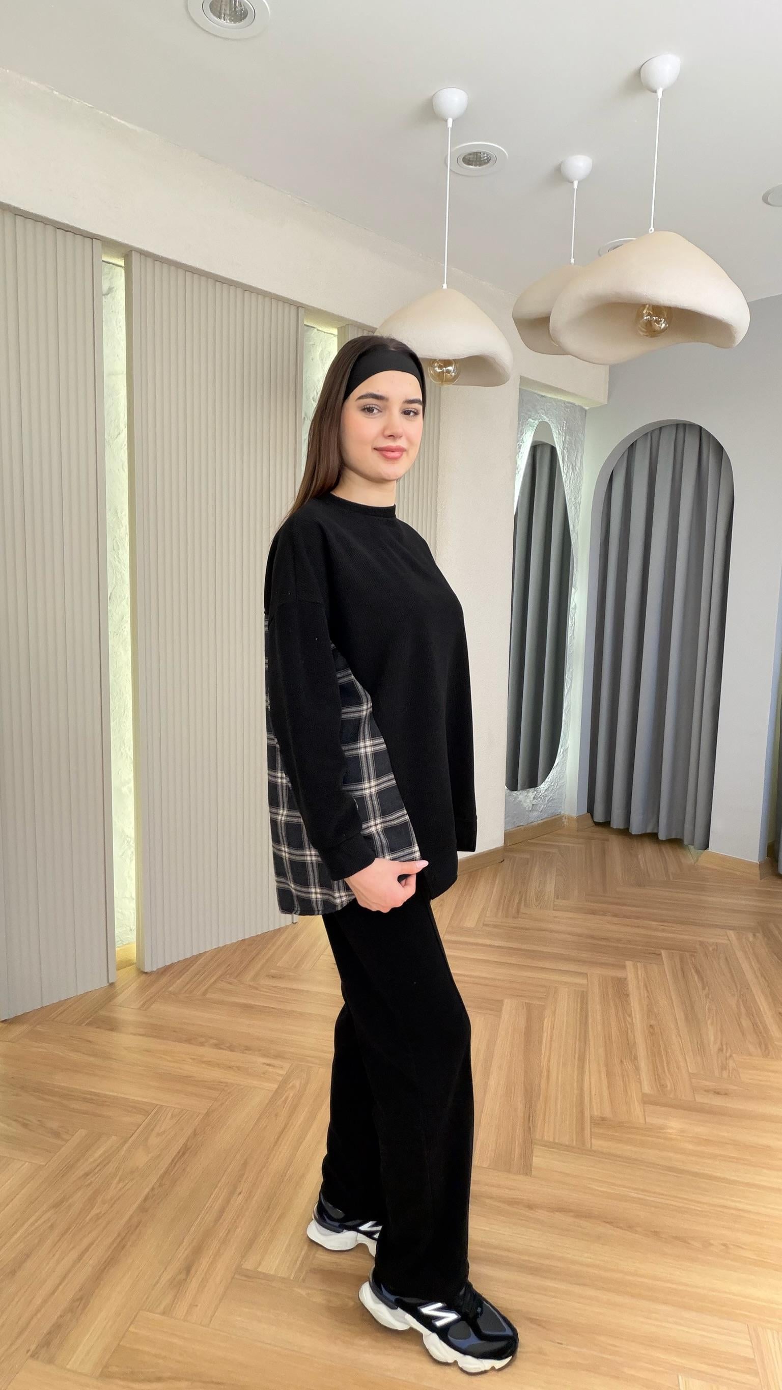 Siyah Lapel Ekose Garnili Selanik Takım