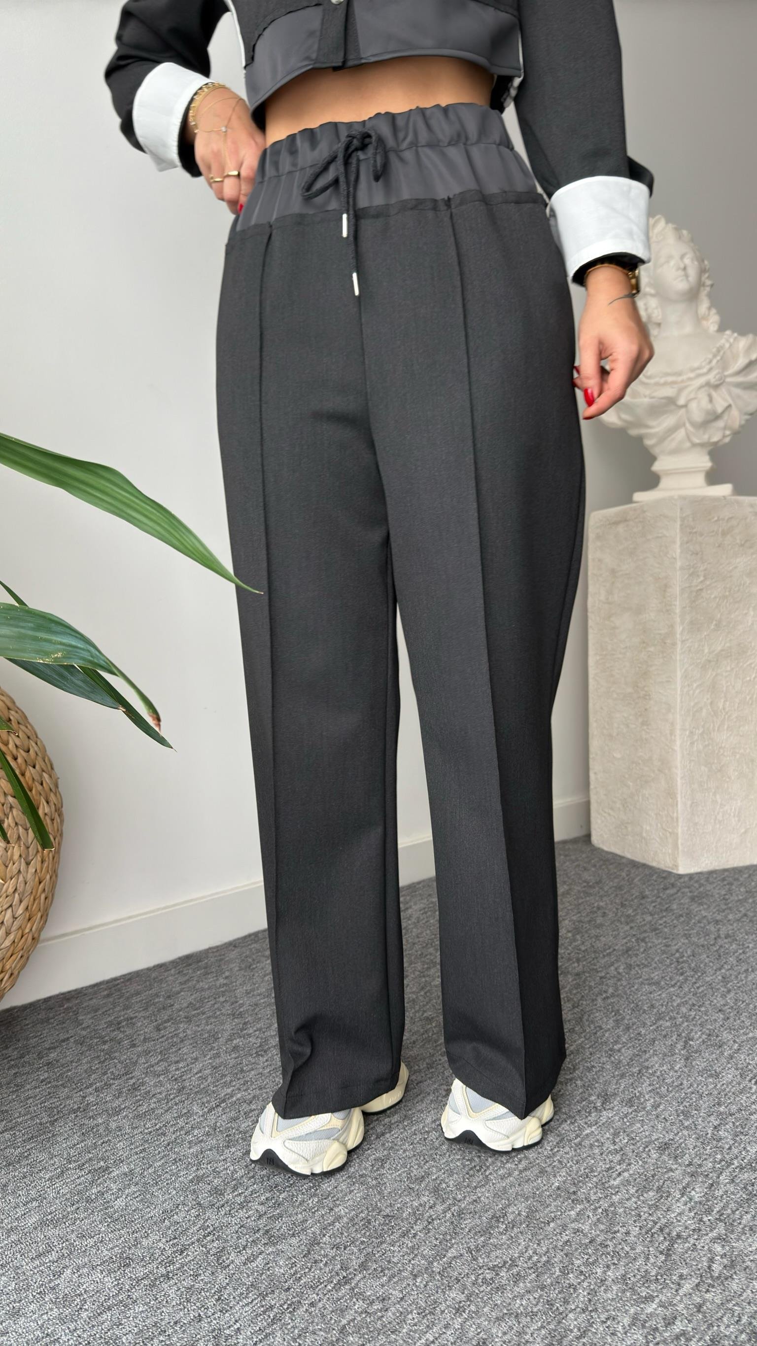 Linen Bel Detaylı Antrasit Pantolon