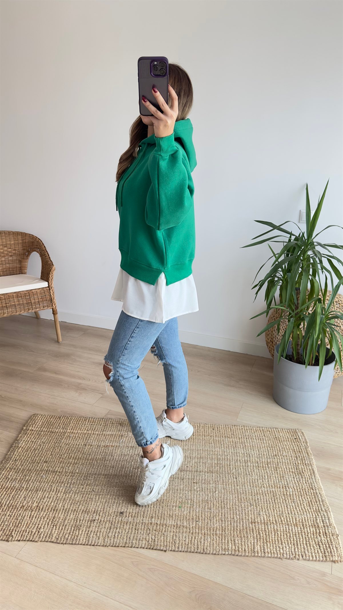 Gömlek Detaylı Yeşil Kapüşonlu Sweat