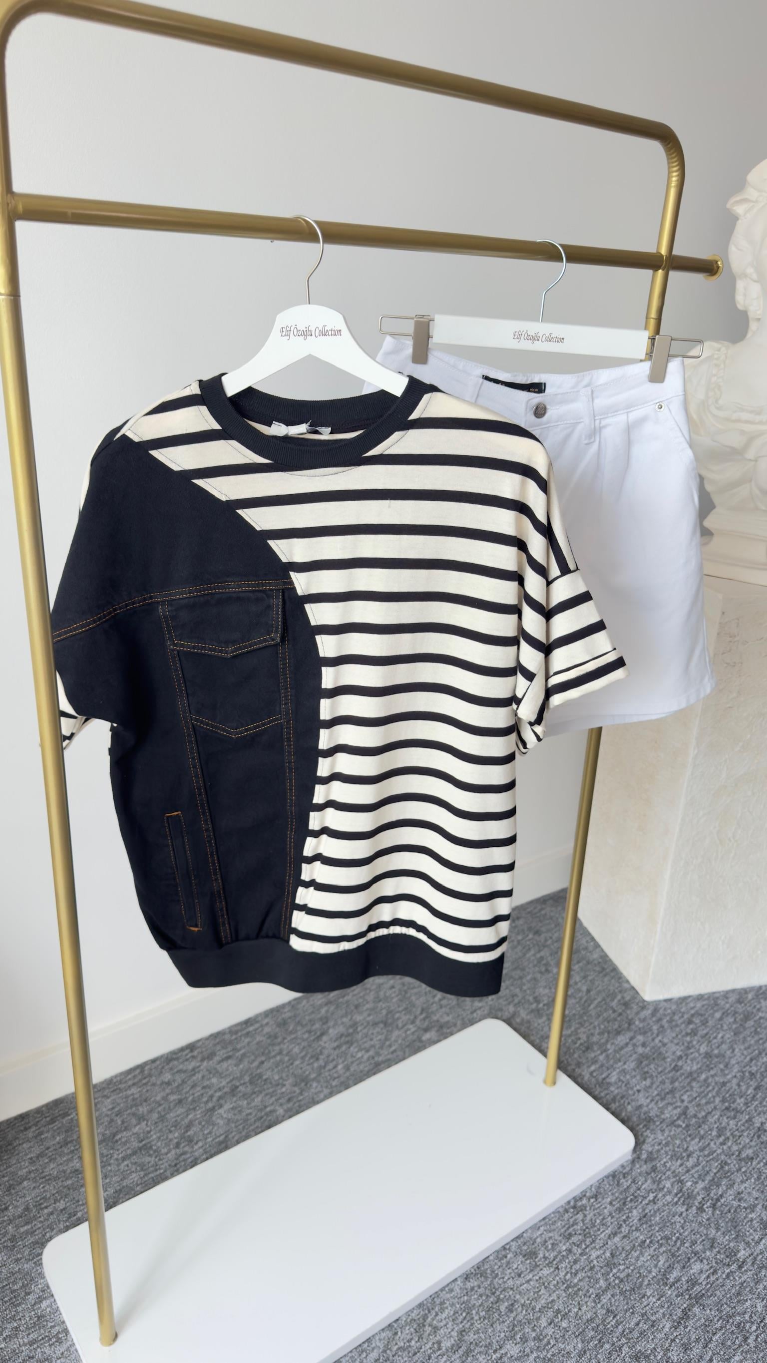 Neda Çizgili Kot Garni Ekru Tshirt