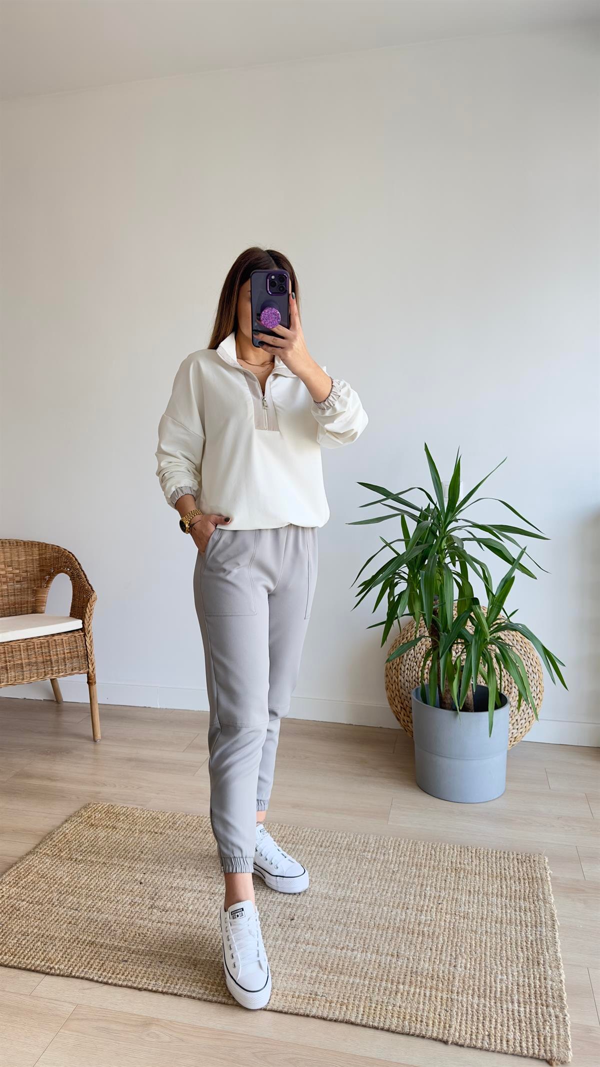 Yarım Fermuar Paraşüt Detay Beyaz Sweat