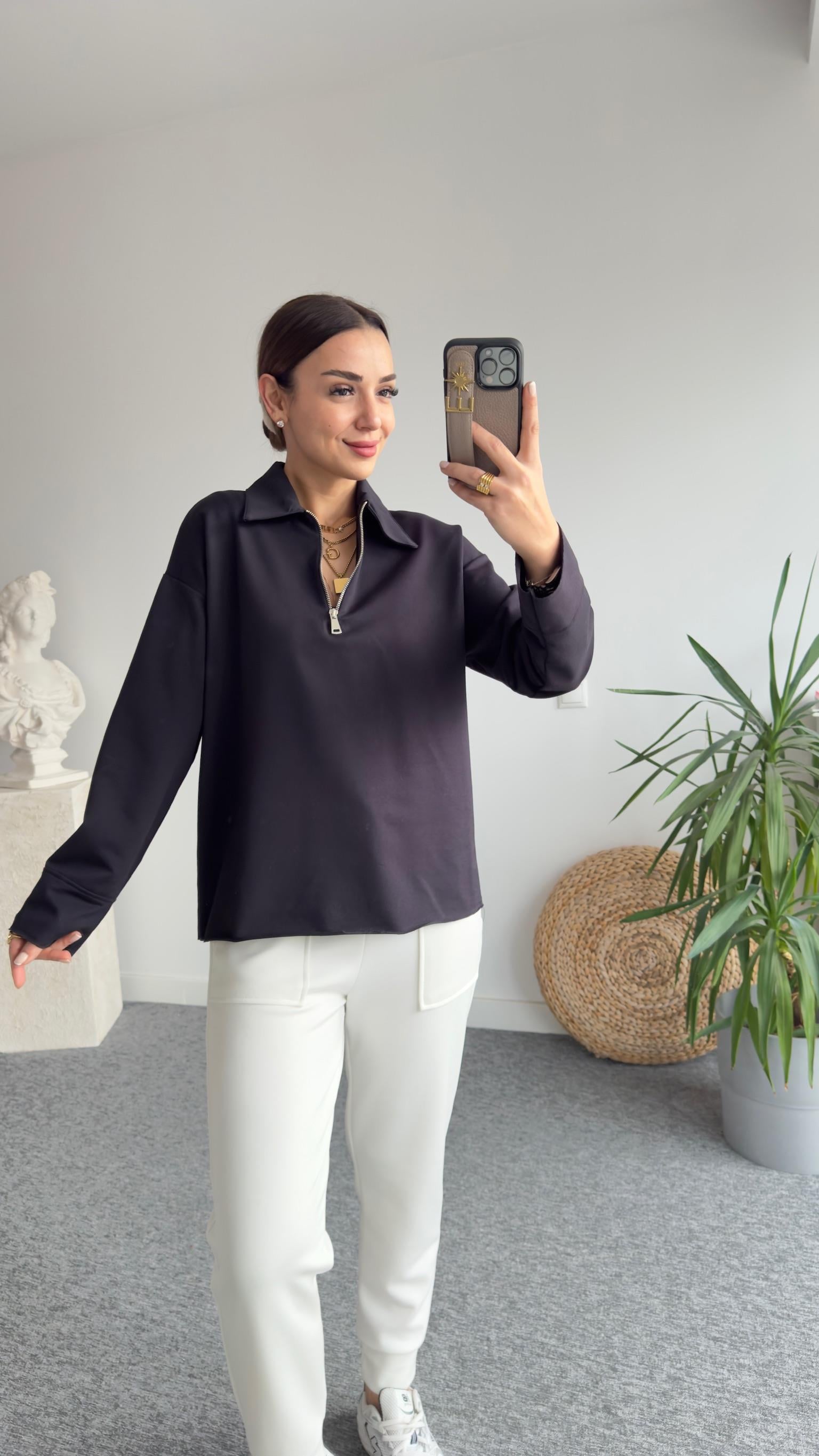 Polo Yaka Yarım Fermuarlı Laci Sweat