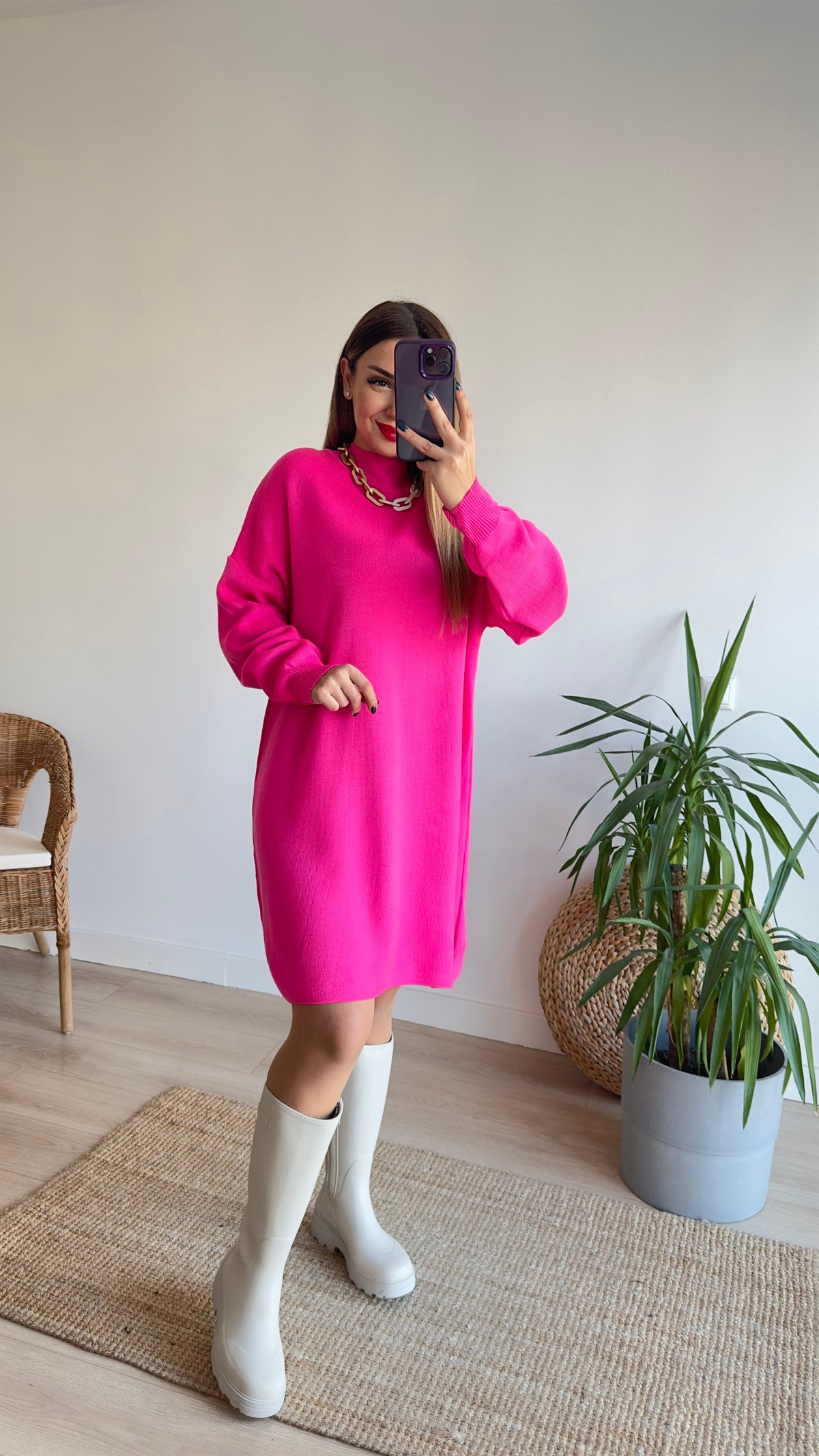 Pembe Dik Yaka Triko Elbise 