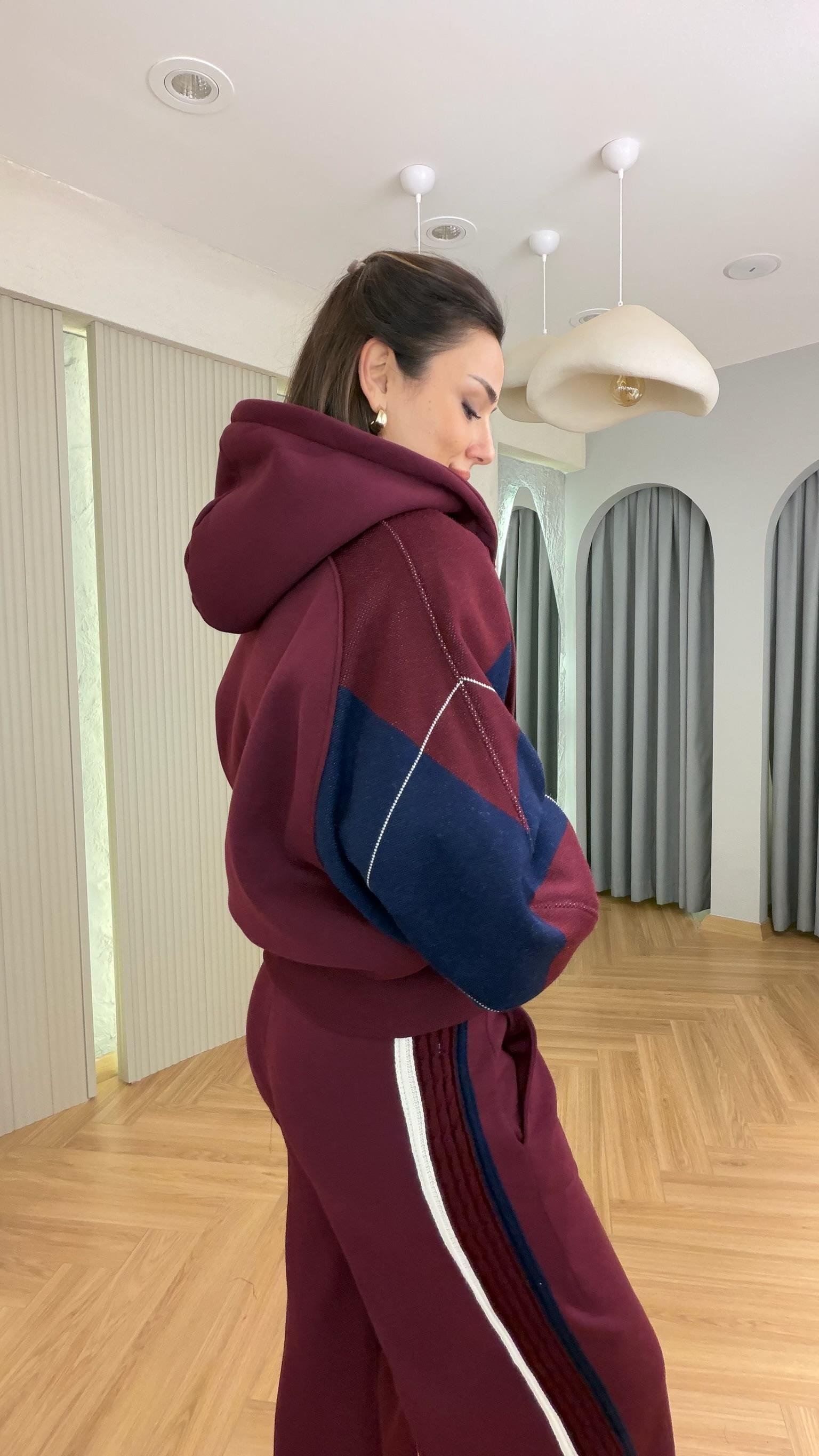 Bordo Balon Kol Triko Garnili Üçlü Takım
