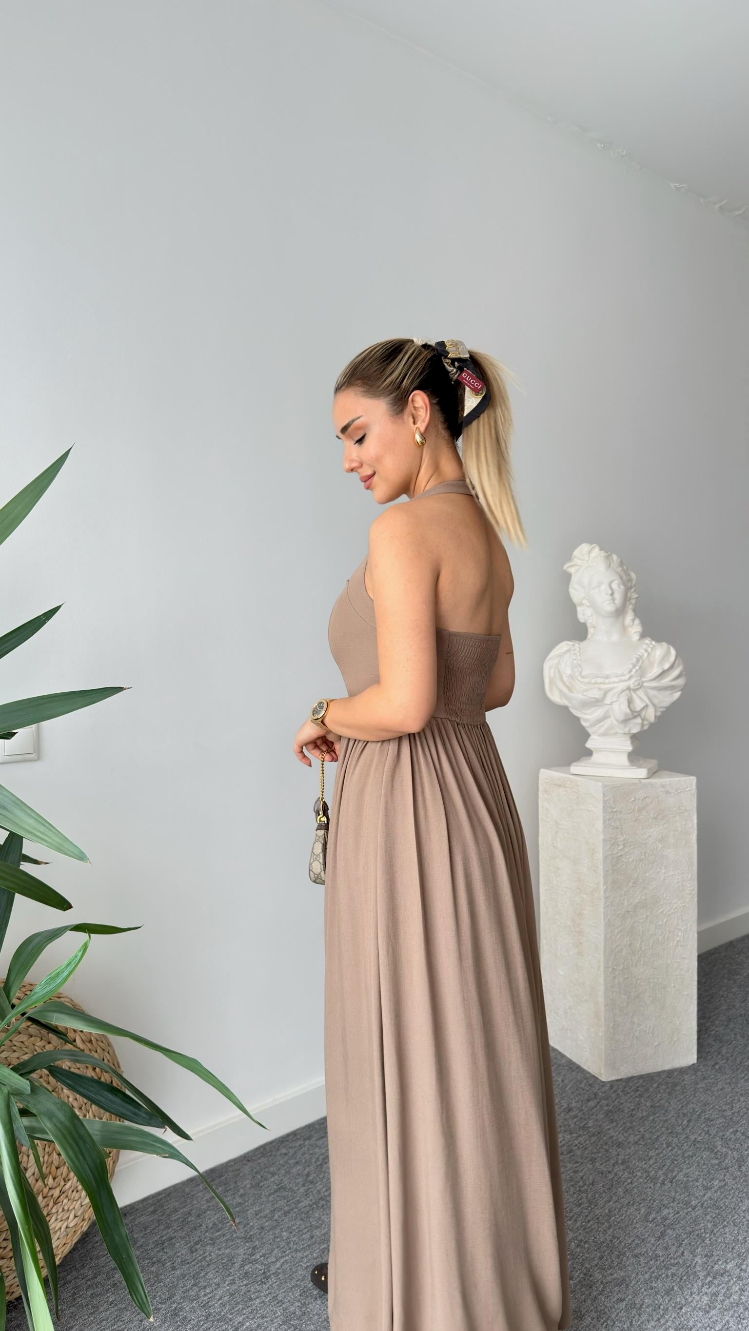 Kahve Baino Premium Keten Elbise 