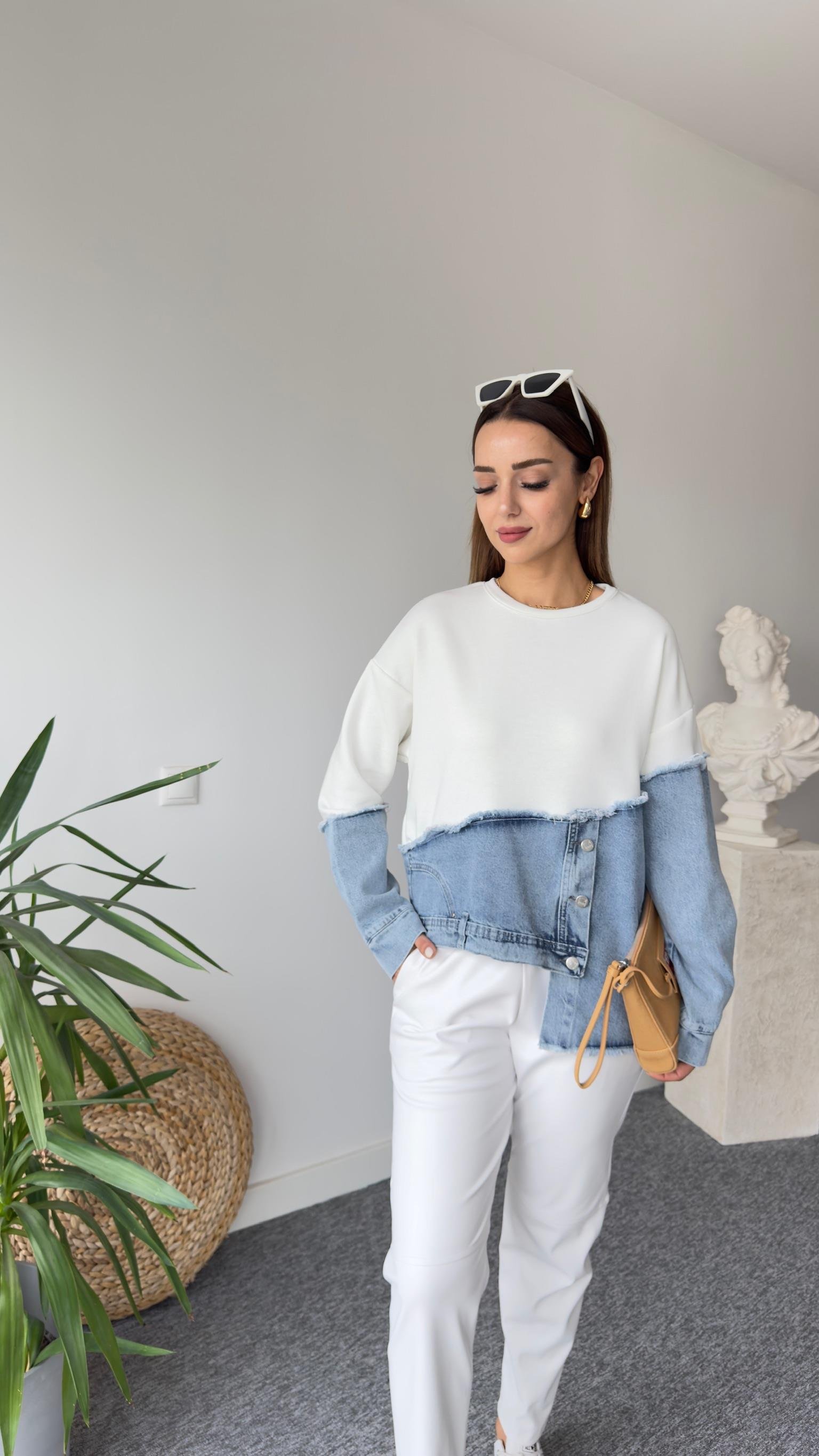 New Asimetrik Kot Detay Beyaz Tasarım Sweat