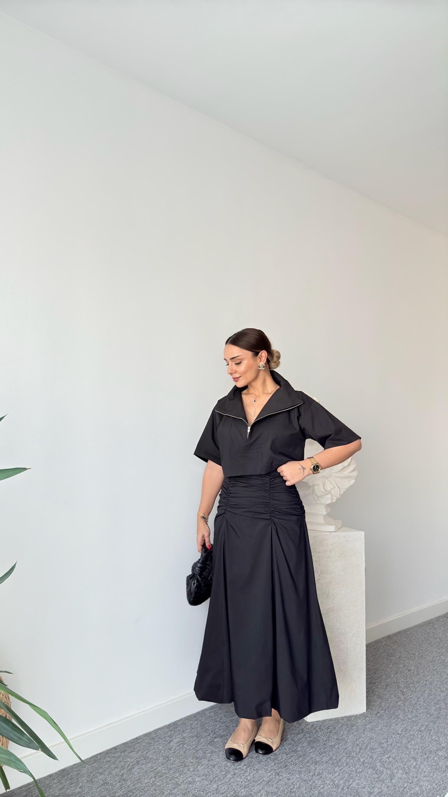 Quel Fermuarlı Siyah Poplin Bluz