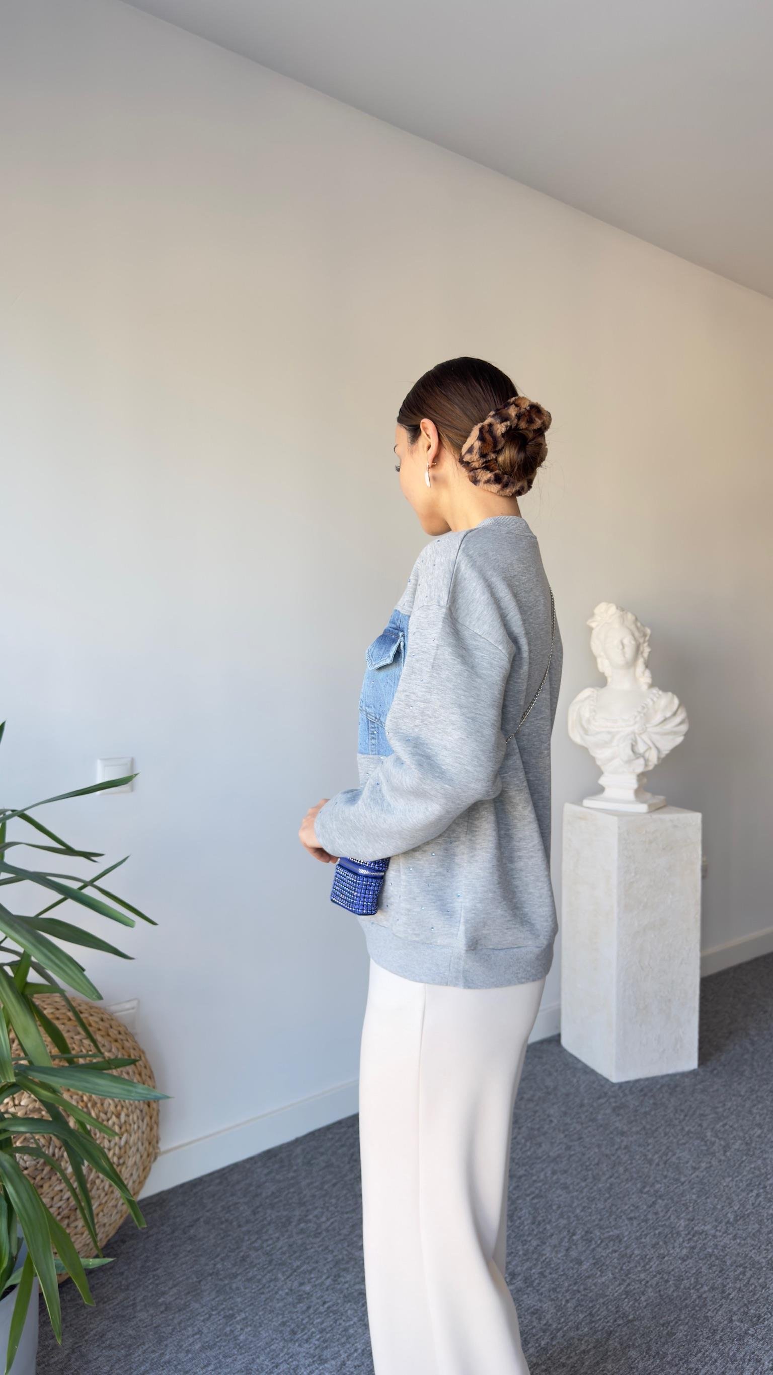Kais Kot Garnili Taşlı Gri Sweatshirt