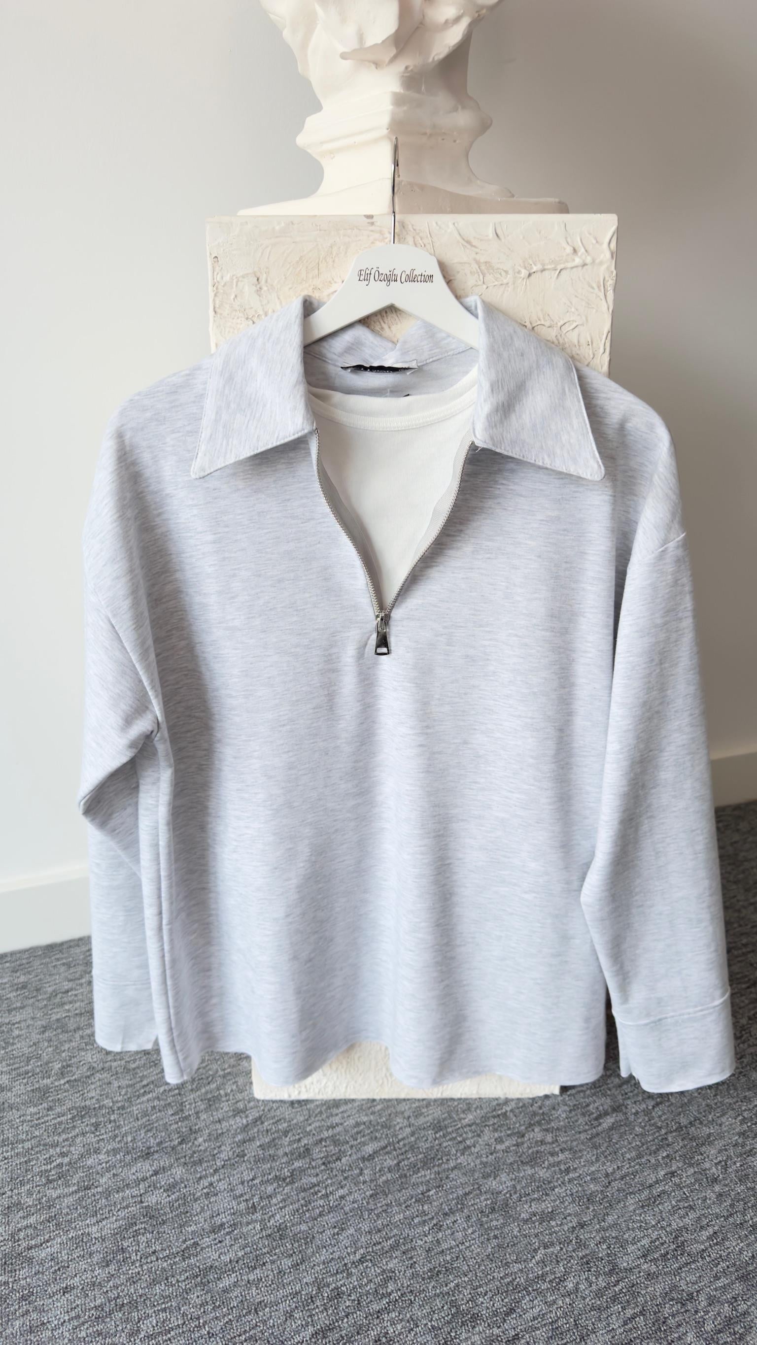 Polo Yaka Yarım Fermuarlı Gri Sweat