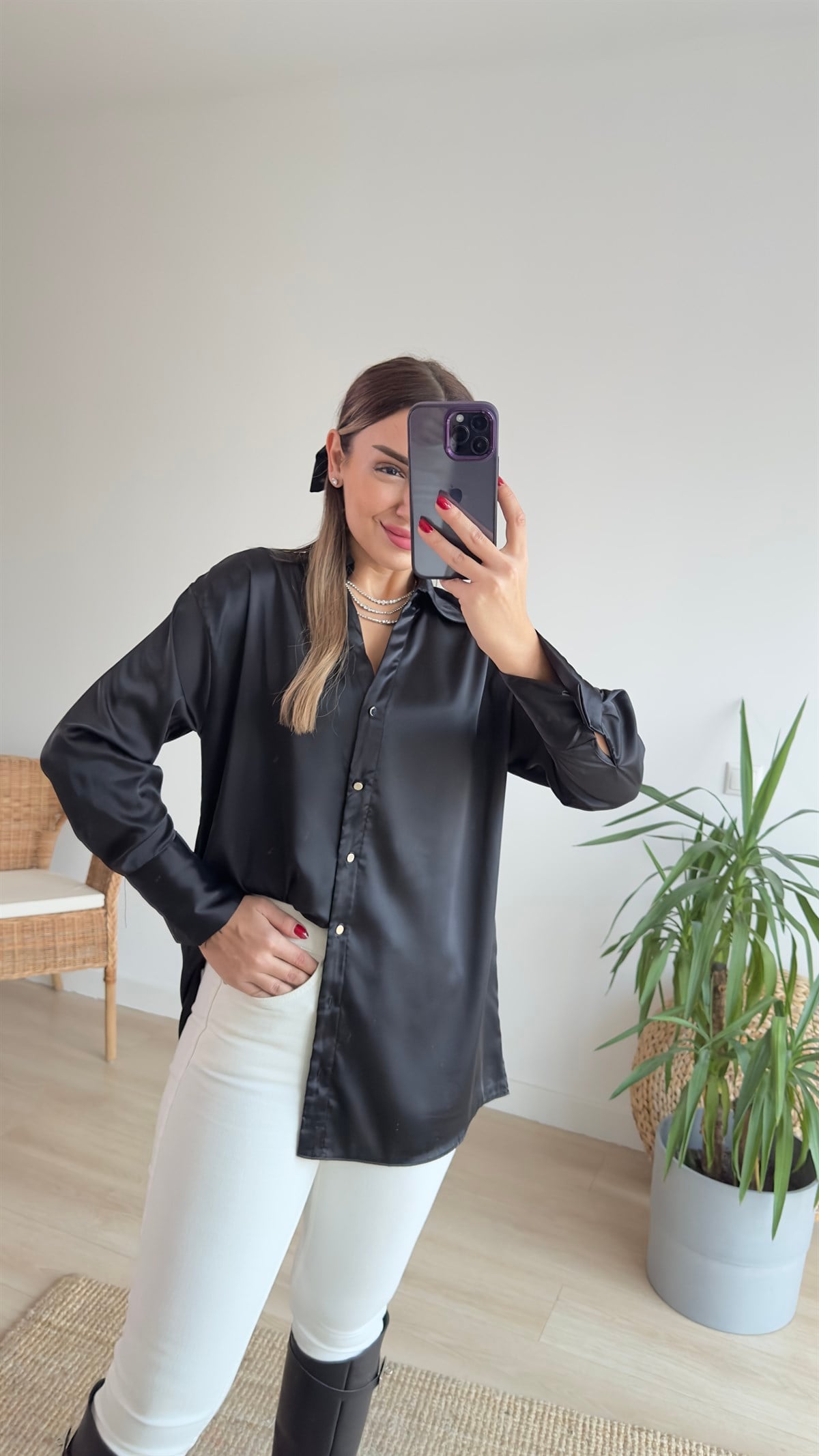 Saten Siyah Basic Gömlek