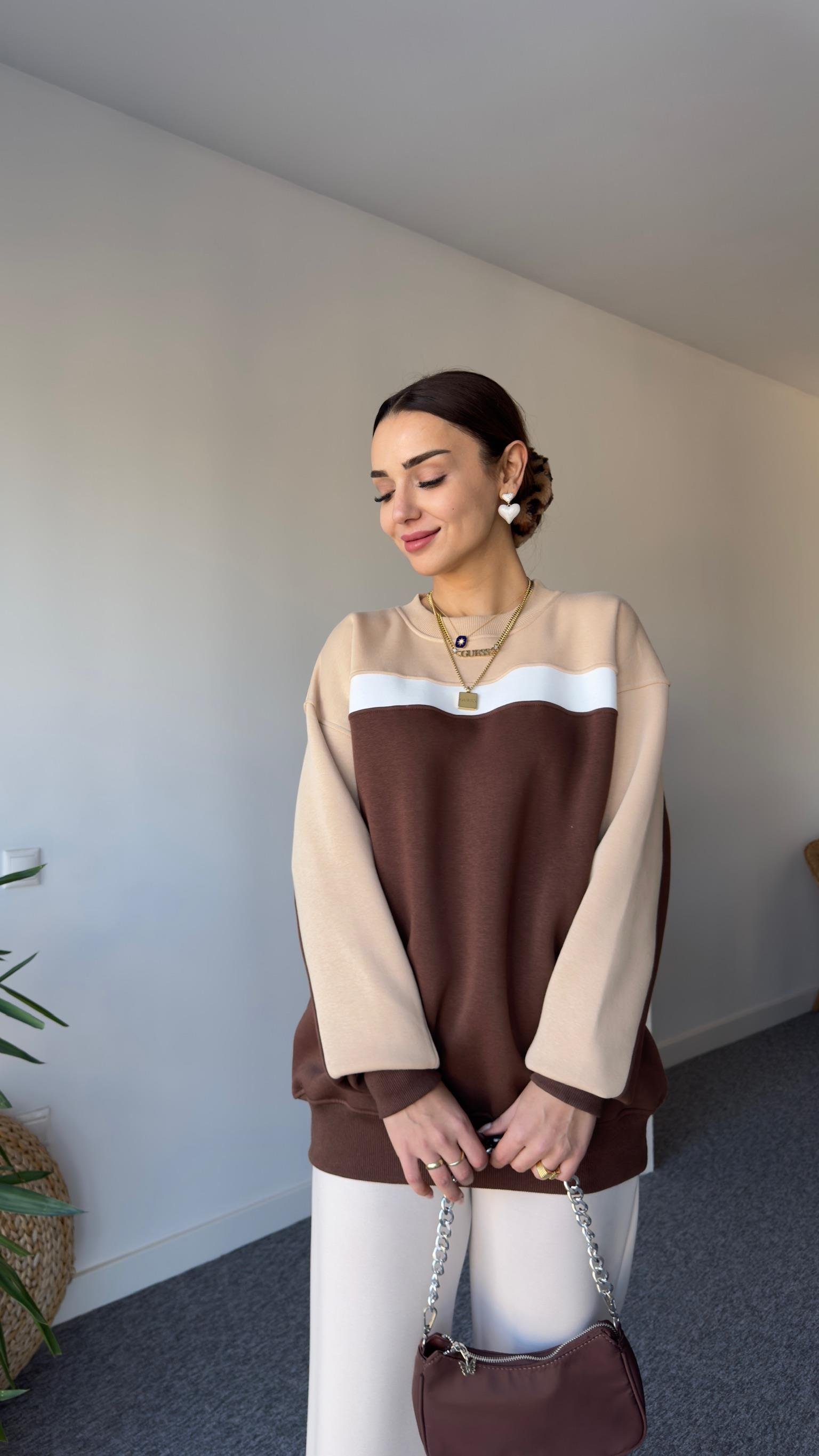 Beyaz Şeritli Çift Renk Sweat Kahve