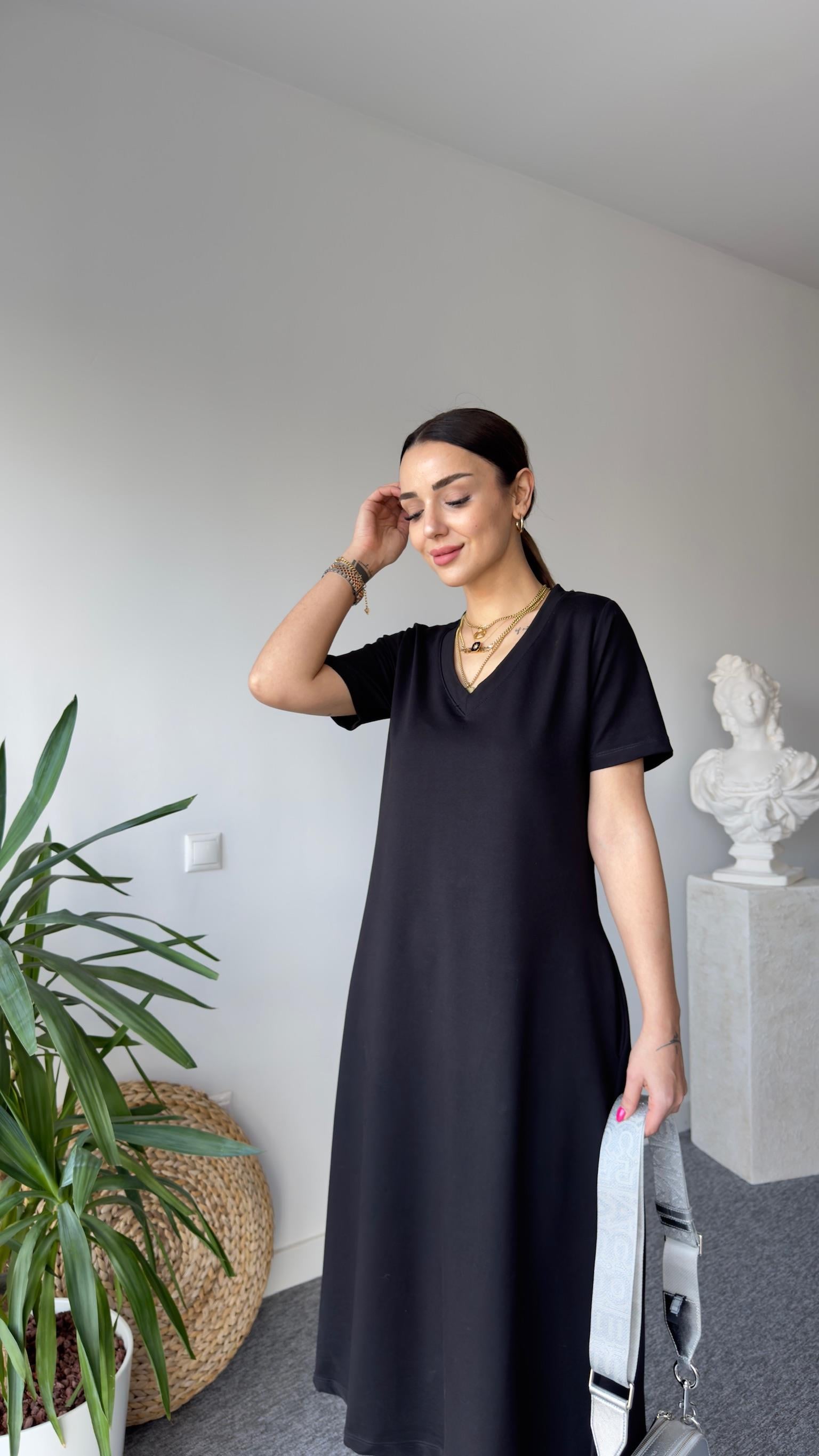Siyah V Yaka Cepli Basic Elbise 