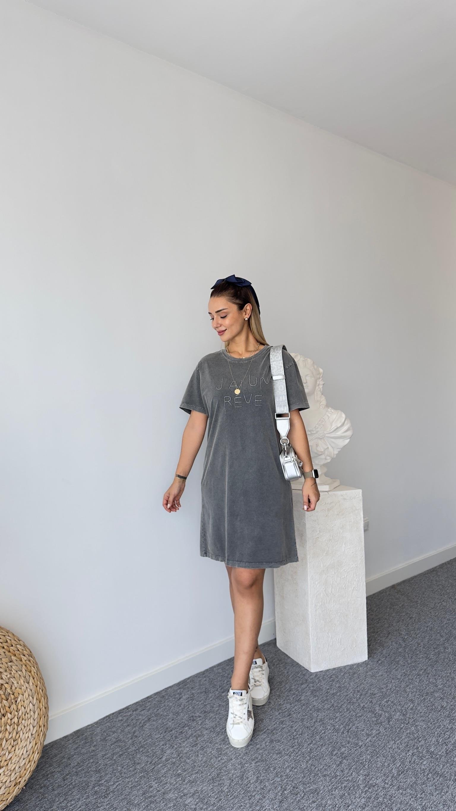 Tws Model Yazı Detaylı Yıkamalı Elbise 