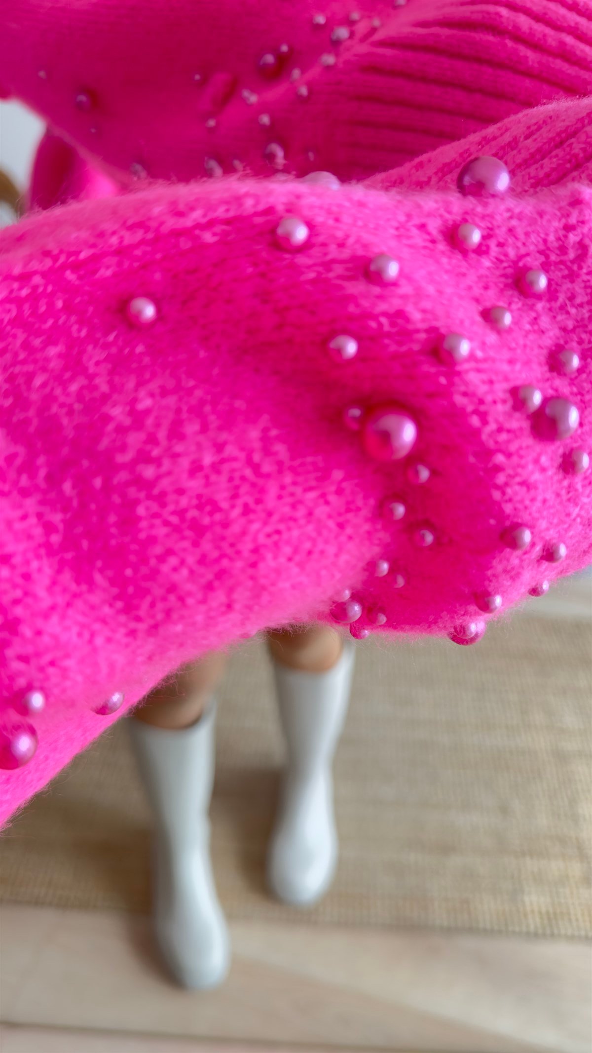 Ponponlu İncili Pembe Kazak