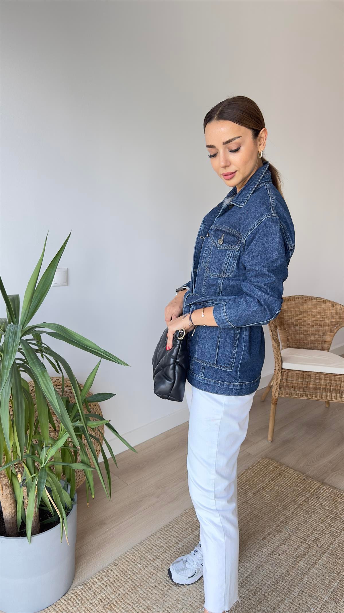 Kuşaklı Lacivert Jean Ceket