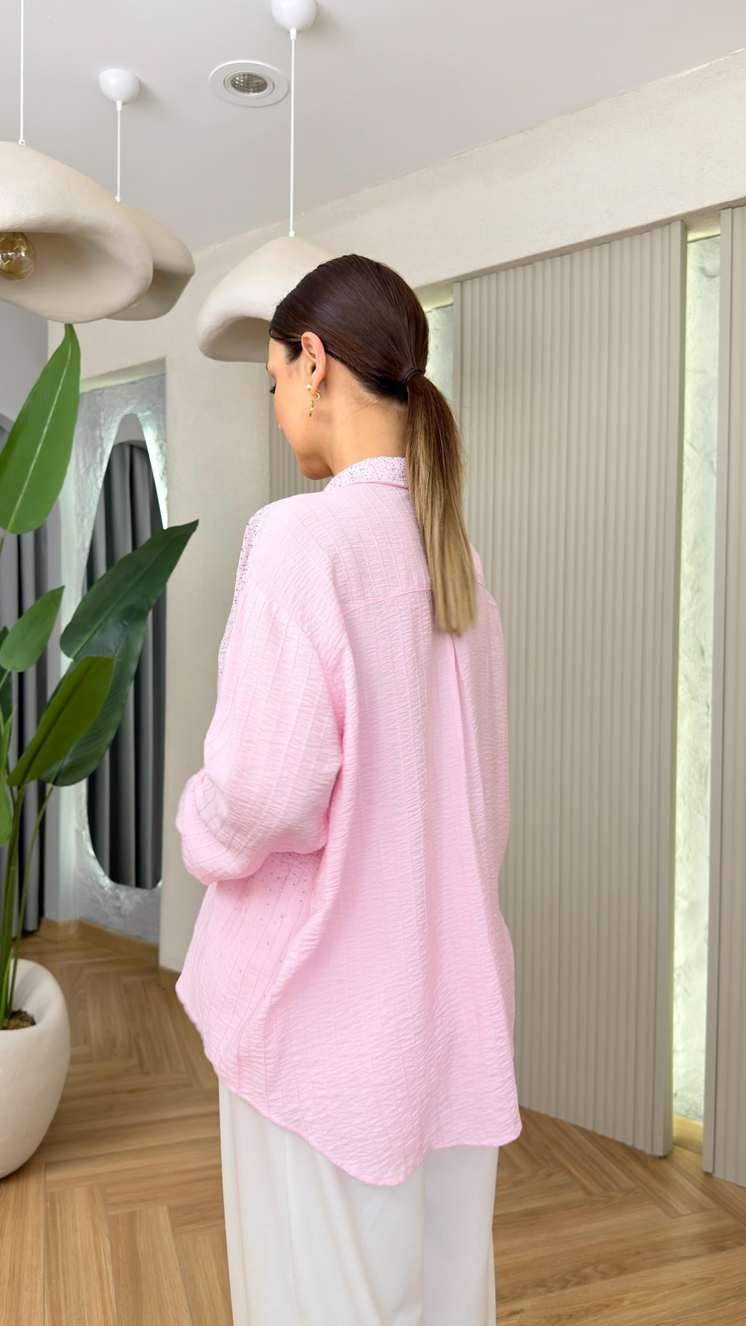 Pembe Minka Parıltılı Taş Detaylı Gömlek