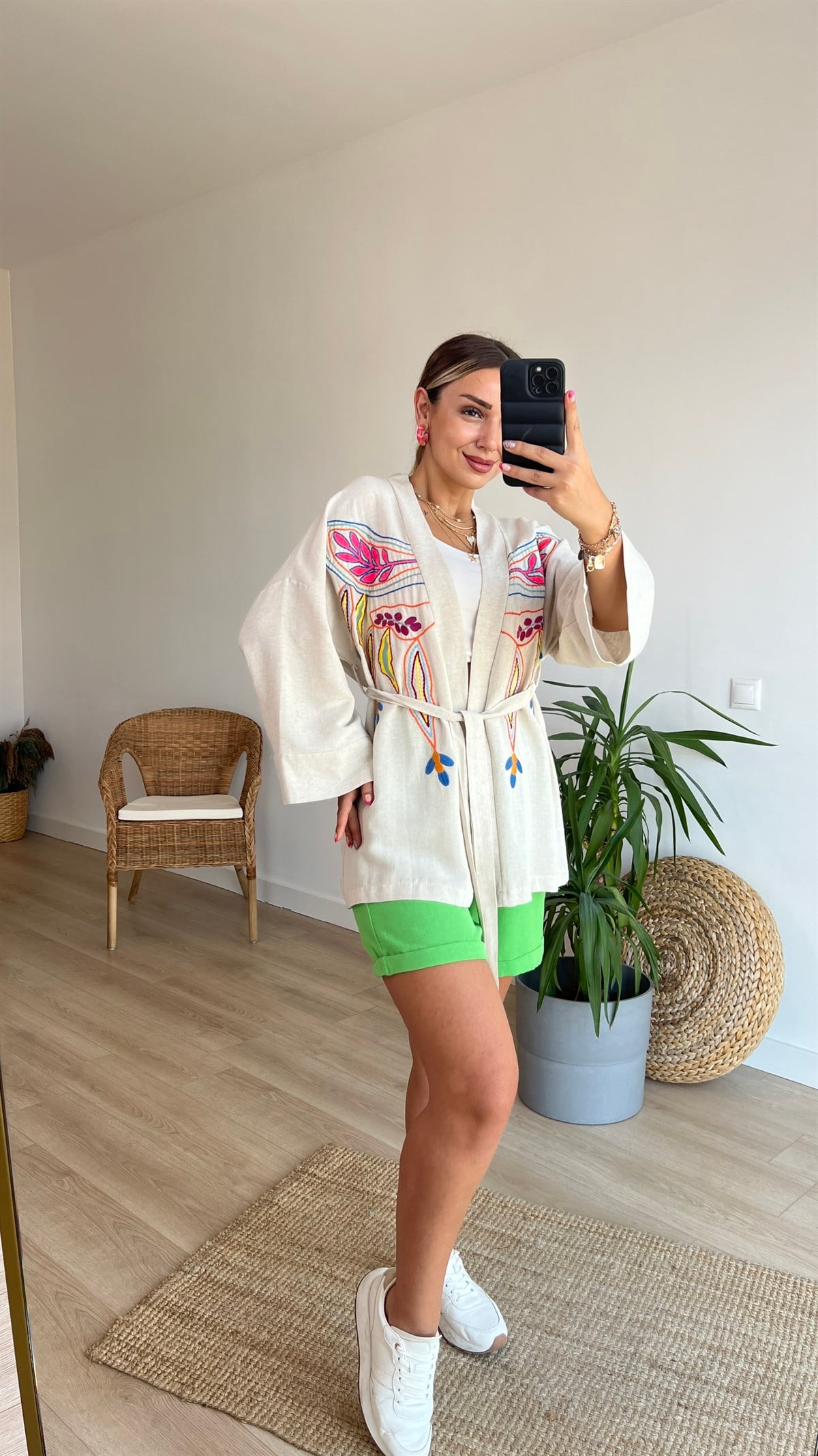 Renkli Nakış Detaylı Keten Kimono